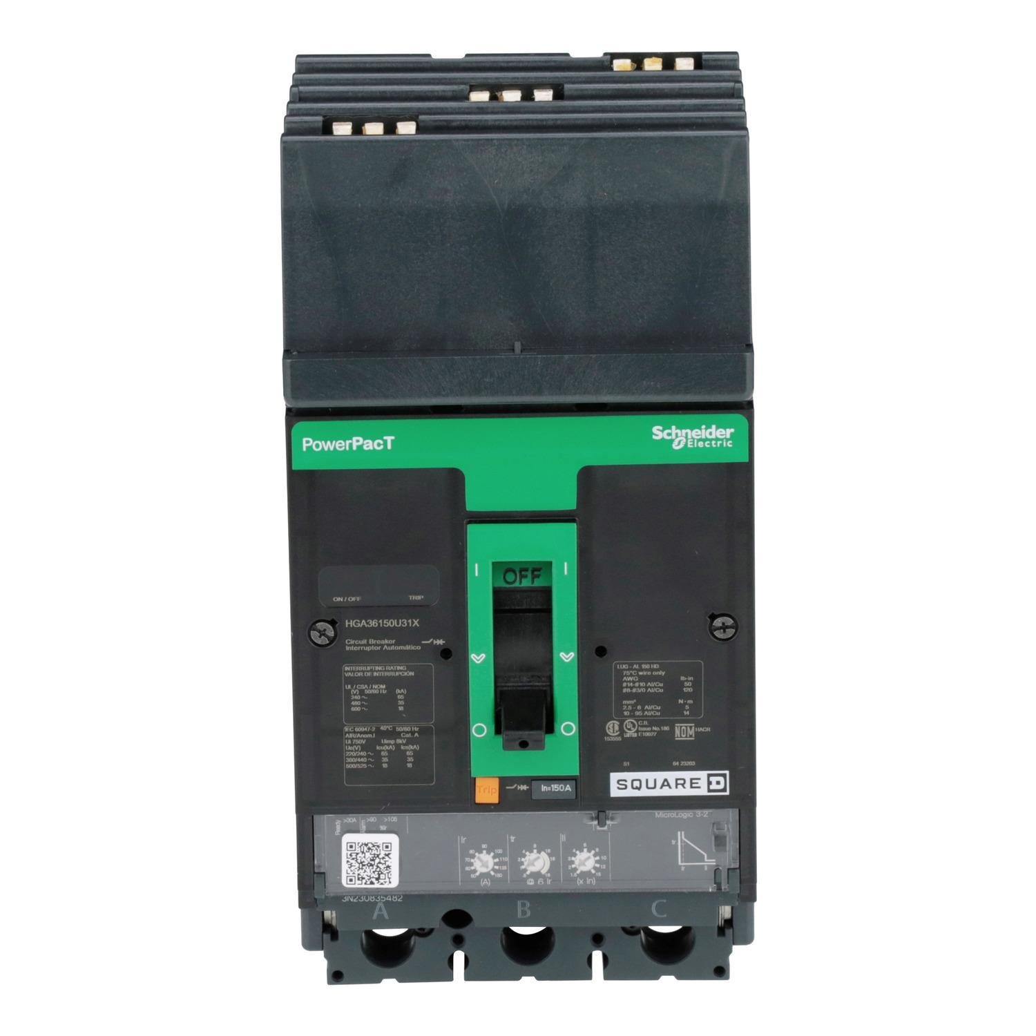 HGA36150U31X - Circuit breaker, PowerPacT H, 150A, 3 pole, 600VAC, 18kA, I-Line, Micrologic 3.2, 80%, ABC