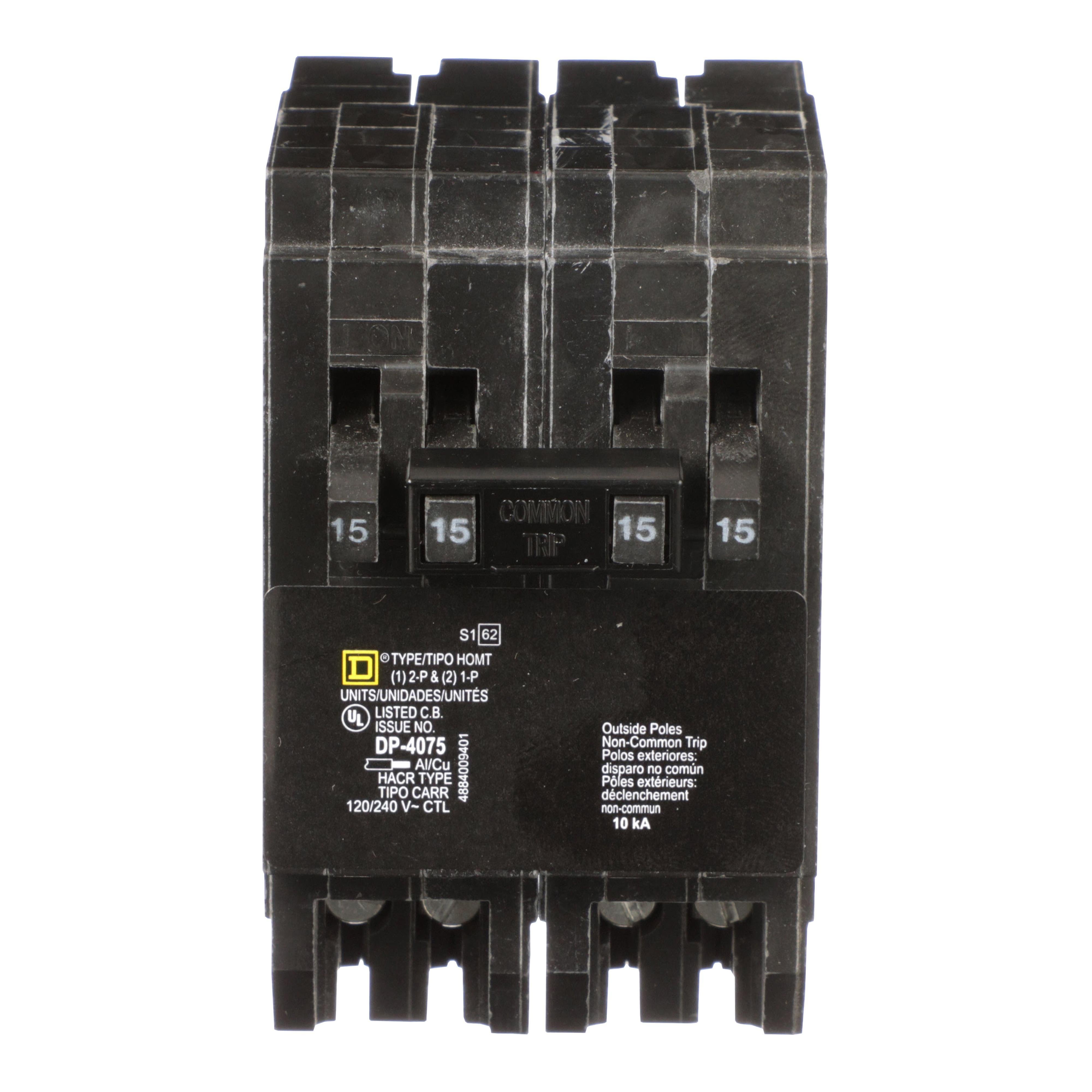 Picture of HOMT1515215 - Tandem circuit breaker, Homeline, 2 x 1 pole at 15A, 1 x 2 pole at 15A, 120/240VAC, 10kA AIR, plug in, UL