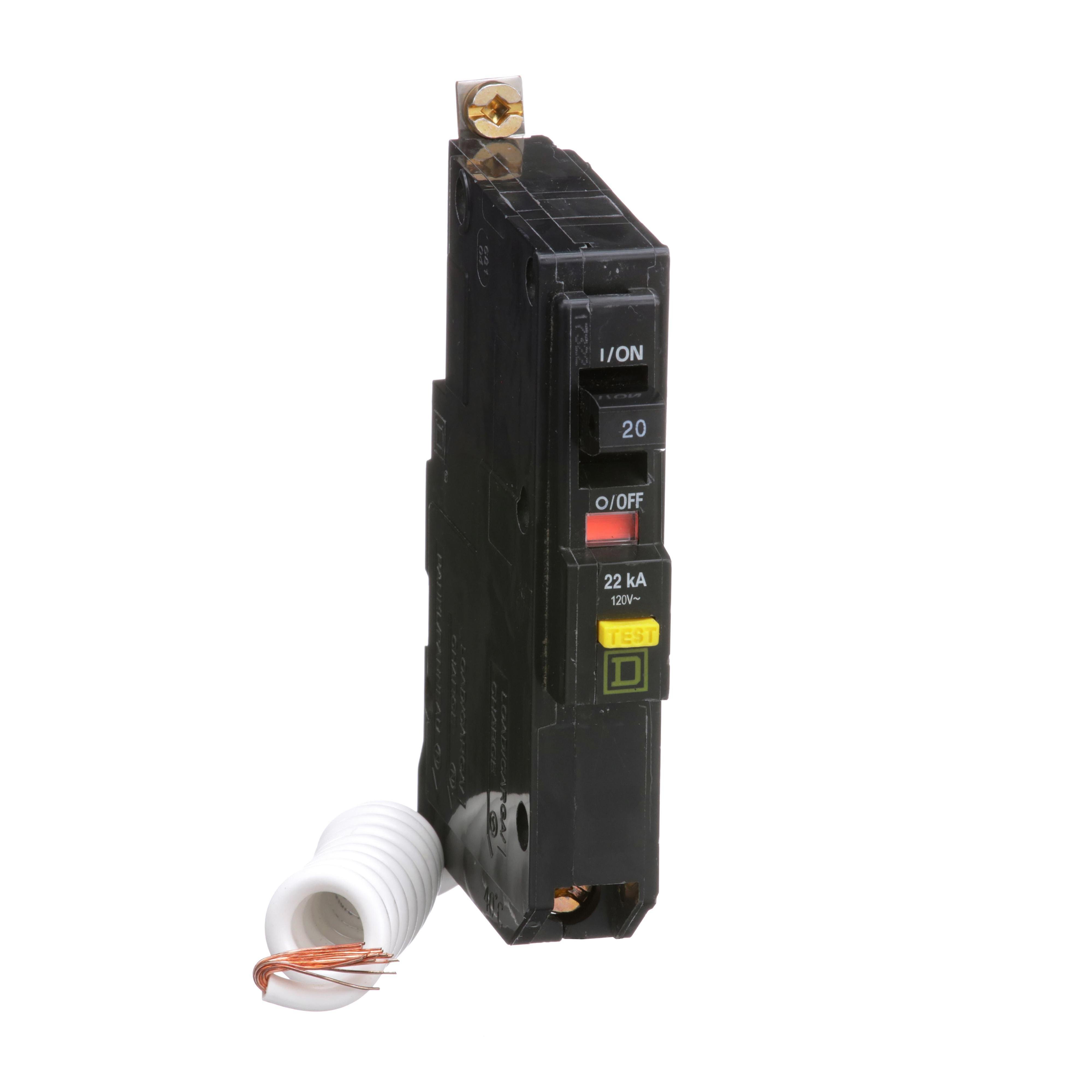 Picture of QOB120VHGFI - Mini circuit breaker, QO, 20A, 1 pole, 120VAC, 22kA, bolt on, 6mA grd fault A, pigtail