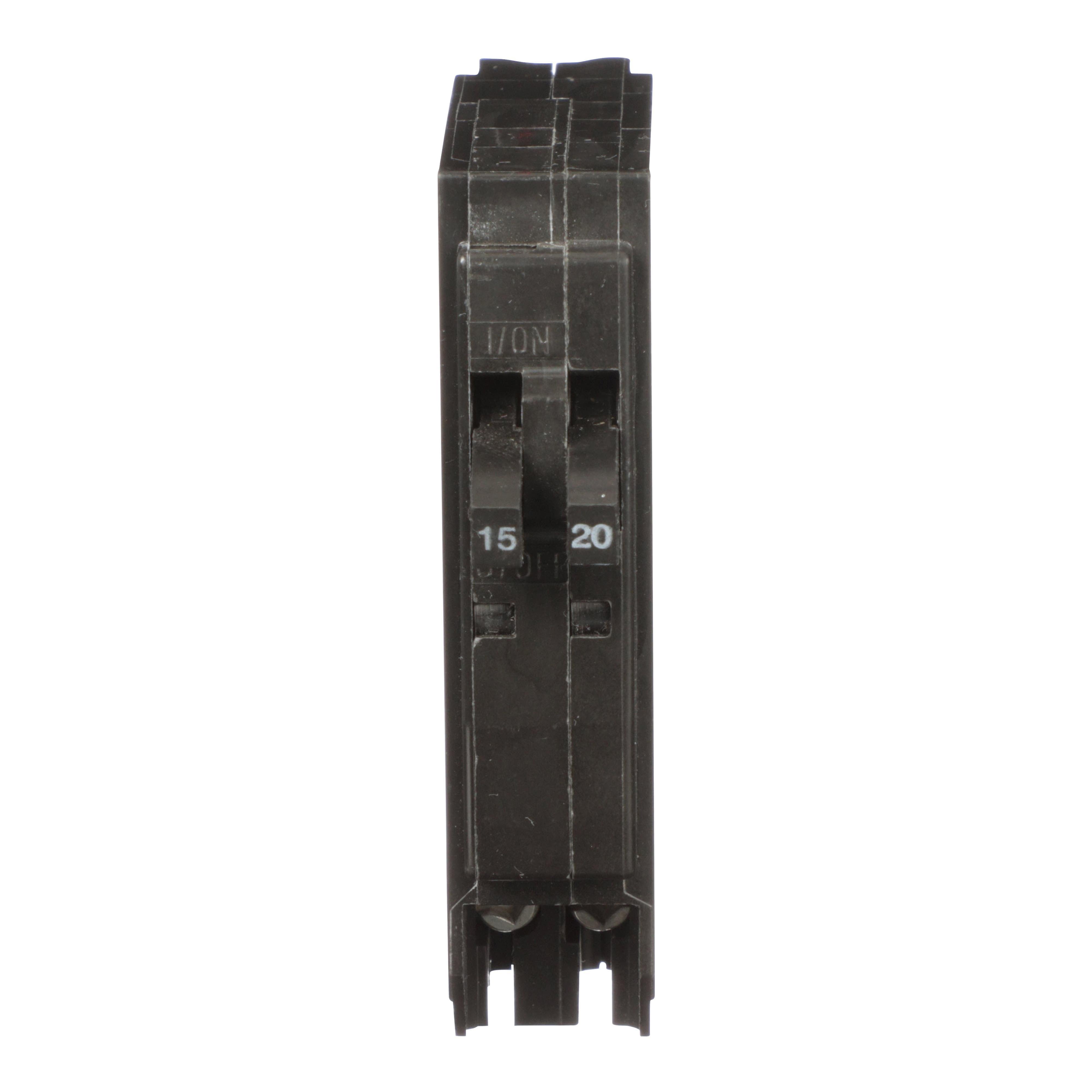 Picture of QOT1520 - Tandem mini circuit breaker, QO, 1 x 1 pole at 15A, 1 x 1 pole at 20A, 120/240VAC, 10kA, plug in