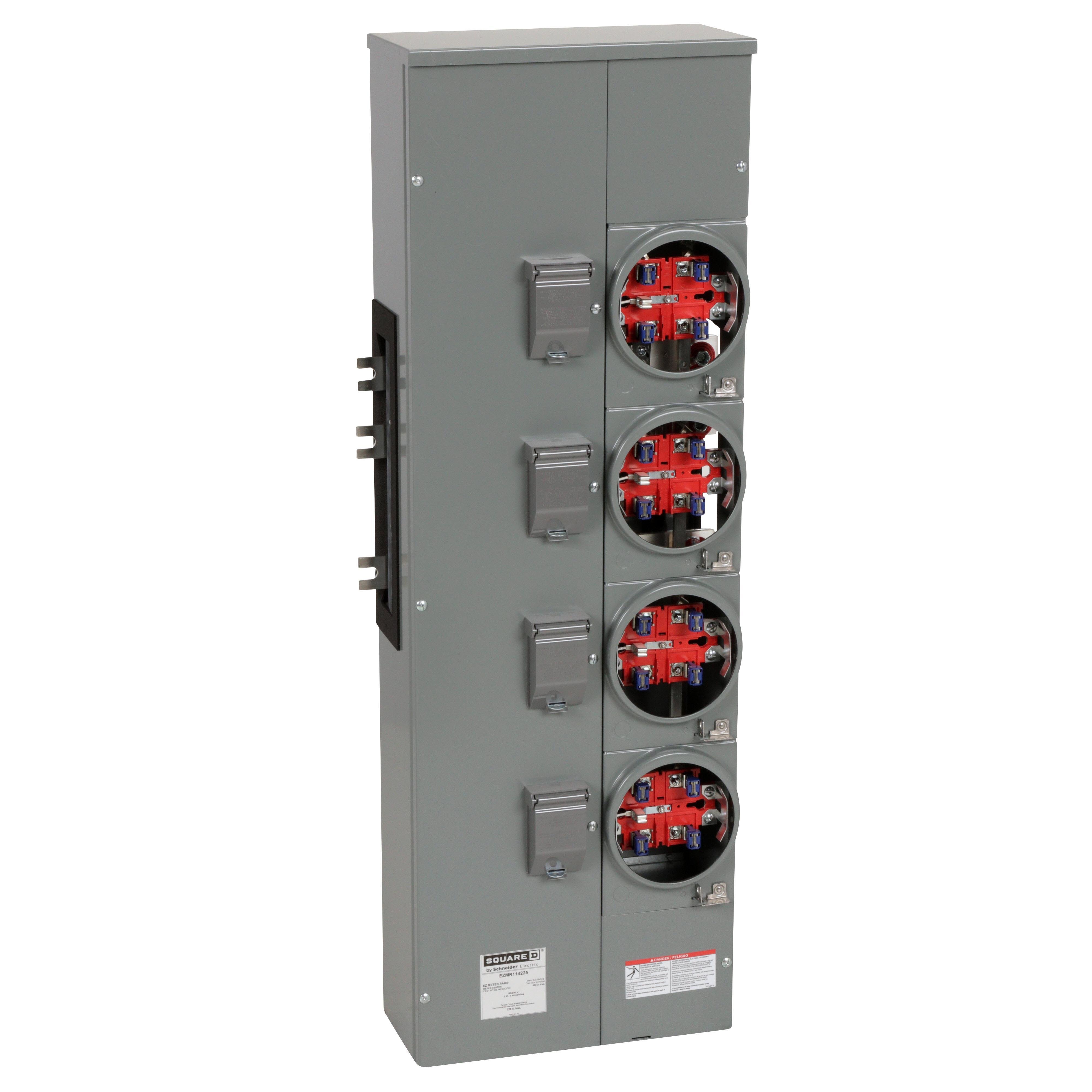 EZMR114225 - Branch unit, EZ Meter-Pak, 225A, 4 x 5 jaw sockets, 120/240VAC, no bypass, ringless, 800A Al busbar
