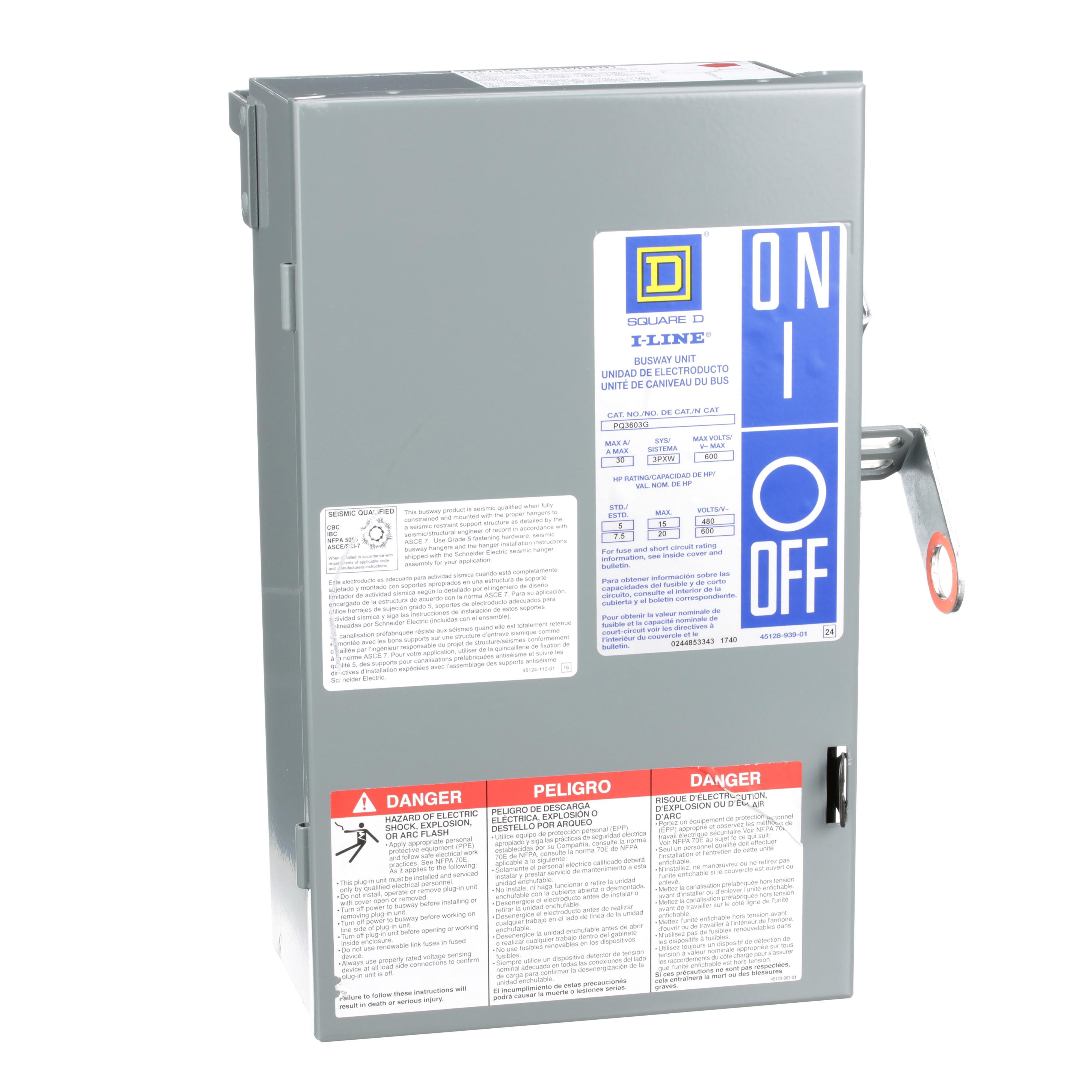 Picture of PQ3603G - Plug-in unit, I-Line Busway, fusible, 30A, 600VAC, 3 pole, 3 fuse + G, plug in connection