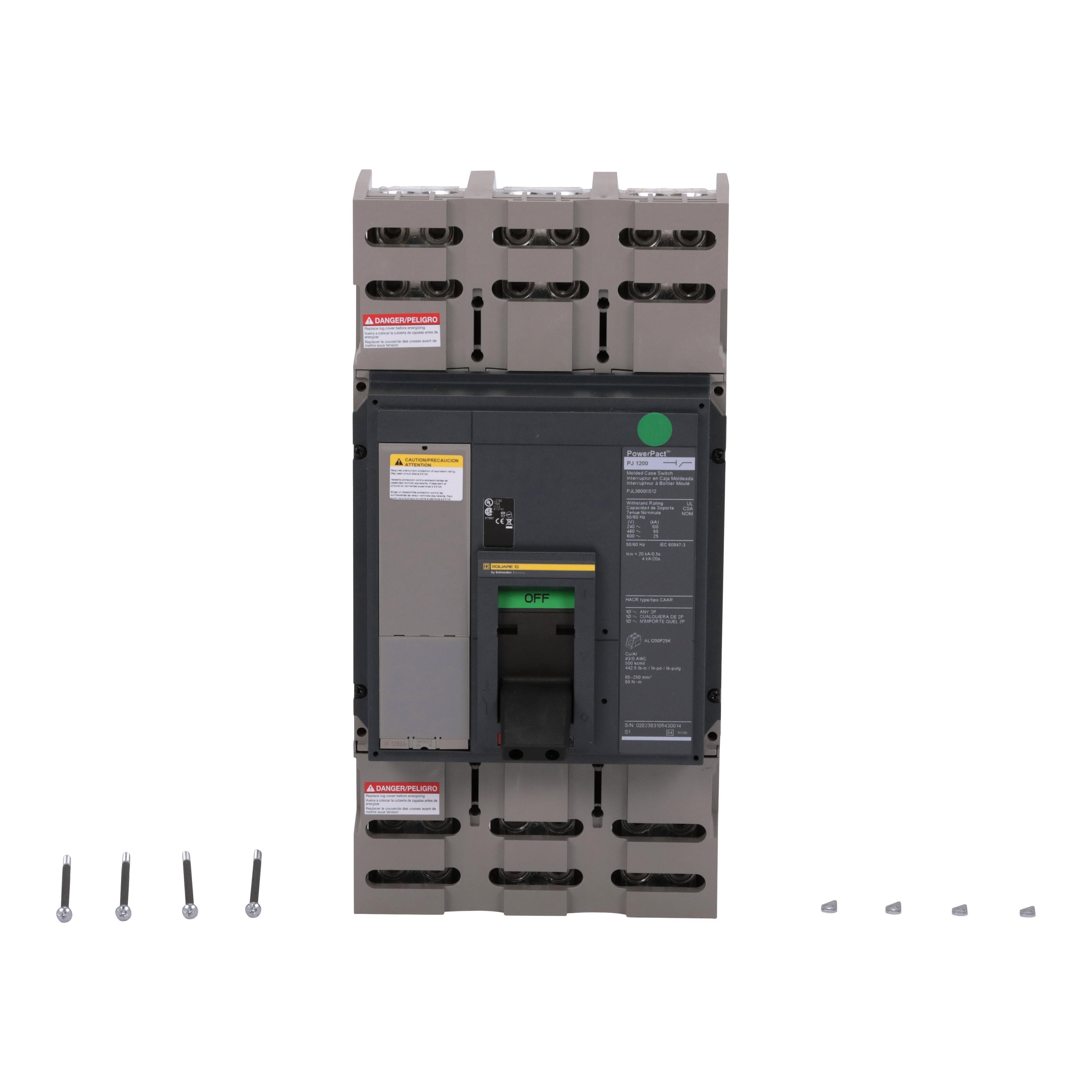 PJL36000S12 - Automatic switch, PowerPacT P, 1200A, 3 pole, 600VAC, 25kA, lugs, magnetic