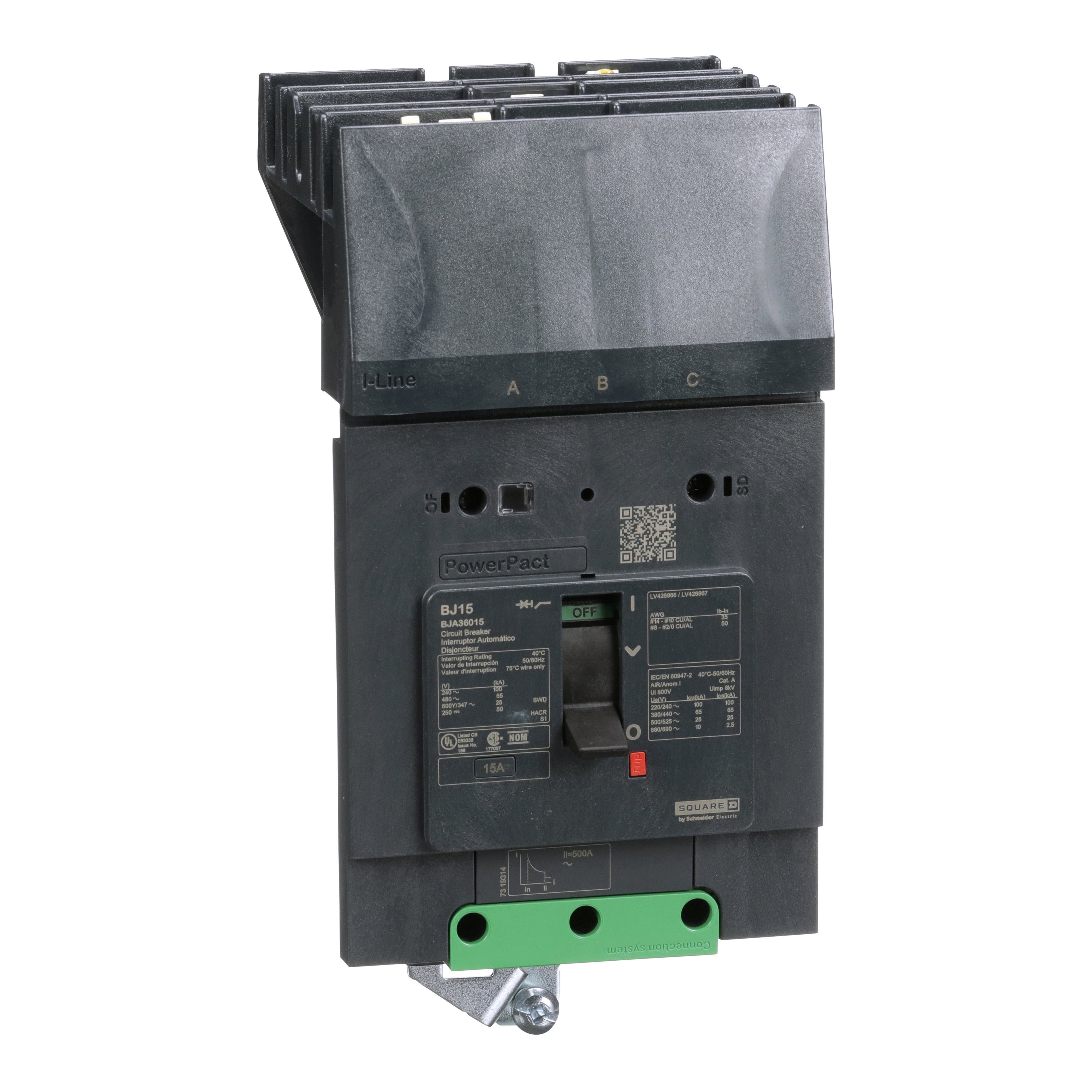 BJA36015 - Circuit breaker, PowerPacT B, 15A, 3 pole, 600Y/347VAC, 25kA, I-Line, thermal magnetic, 80%, ABC