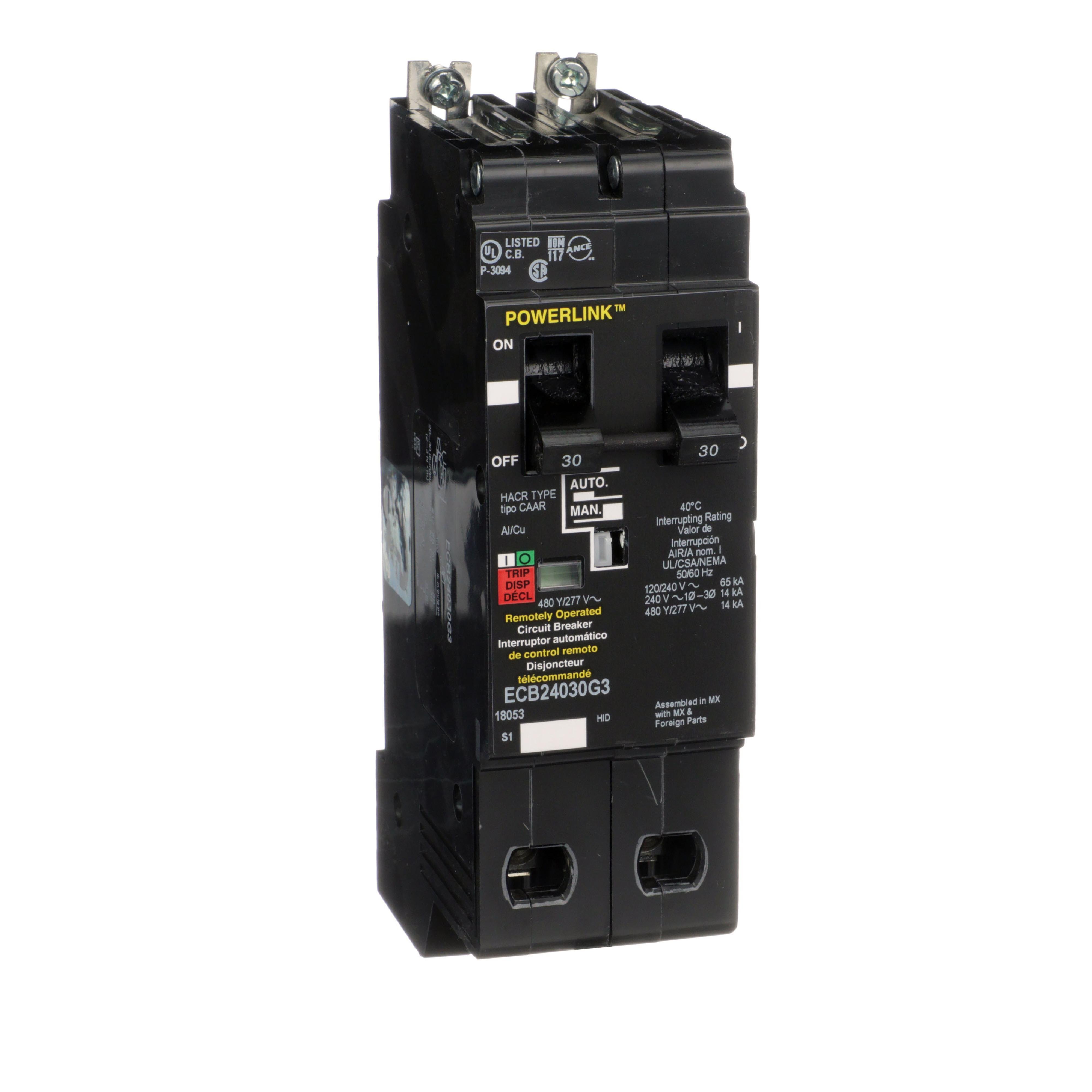 Picture of ECB24030G3 - Circuit Breaker, PowerLink™, 30A, 2 pole, 480Y/277VAC, 14kA, remotely operated, bolt on mount [TAA]