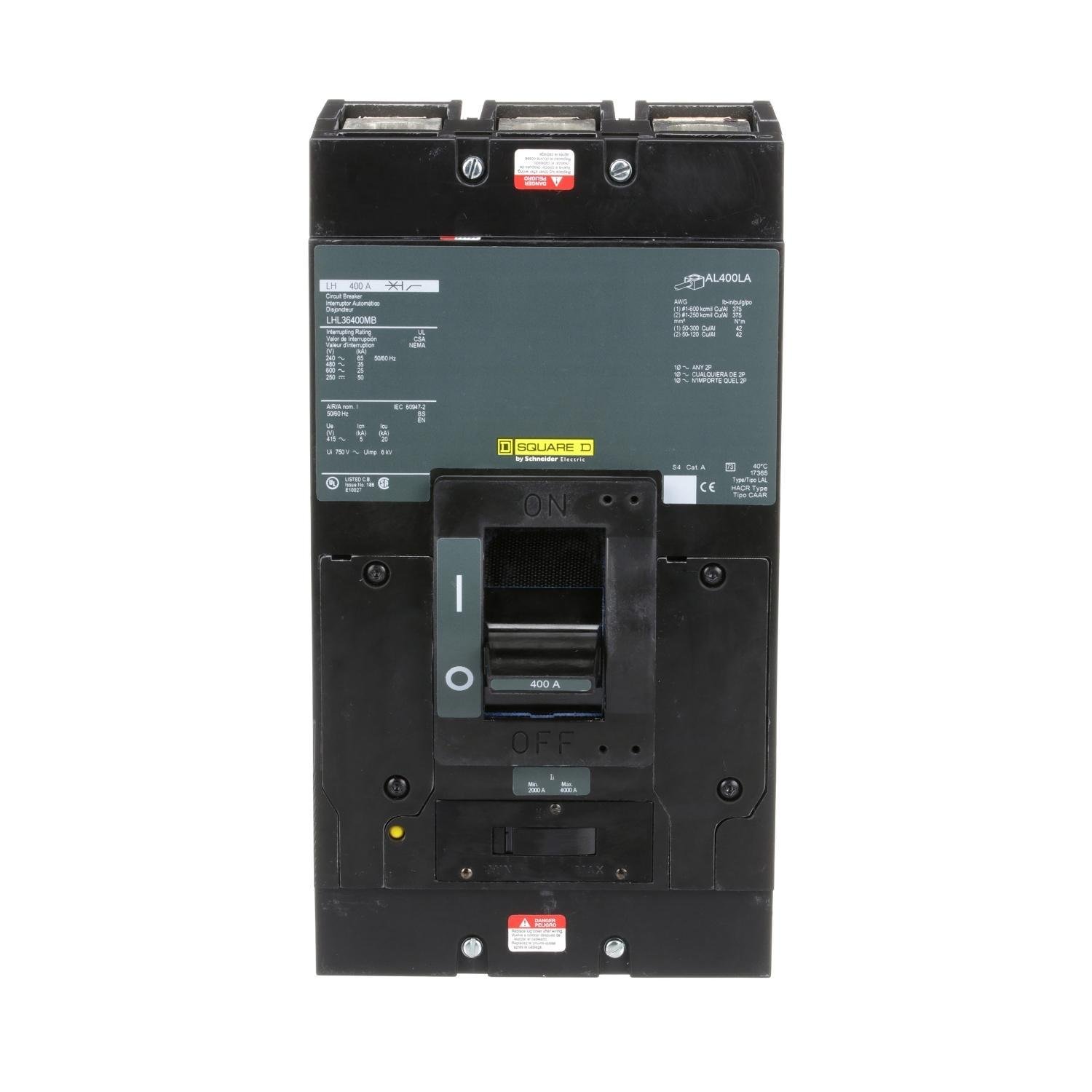 LHL36400MB - Circuit breaker, LH, 400A, 3 pole, 600VAC, 25kA, 250VDC, 50kA, lugs, thermal magnetic, short handle