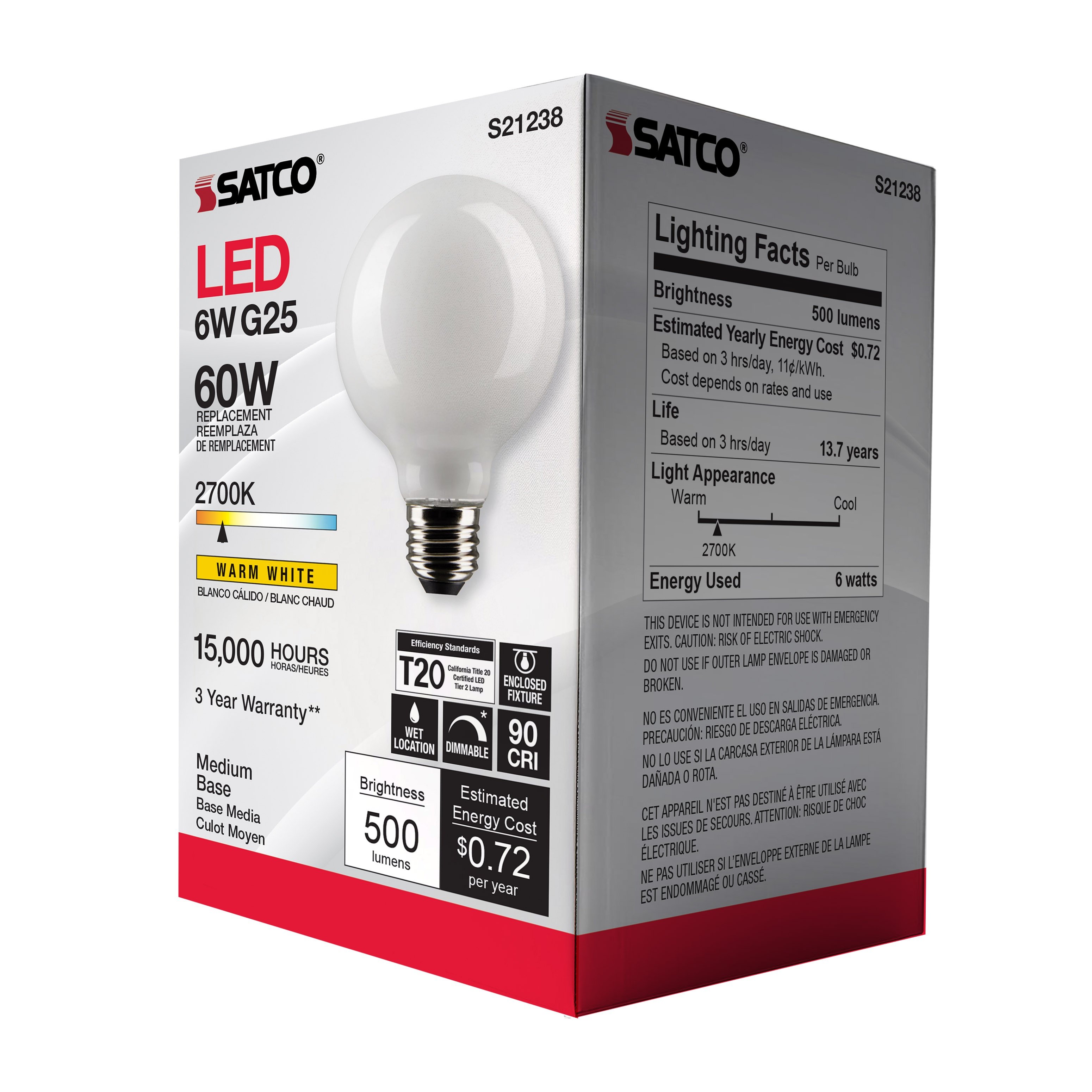 Picture of S21238 - 6 Watt G25 LED - White - Medium base - 90 CRI - 2700K - 120 Volt