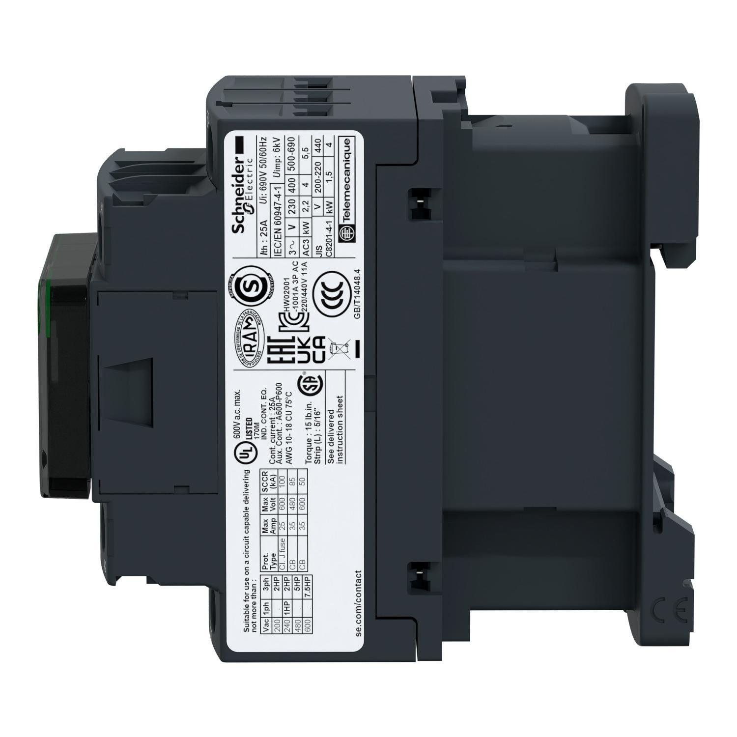LC1D12LE7 - IEC contactor, TeSys Deca, nonreversing, 12A, 7.5HP at 480VAC, up to 100kA SCCR, 3 phase, 3 NO, 208VAC 50/60Hz coil, open