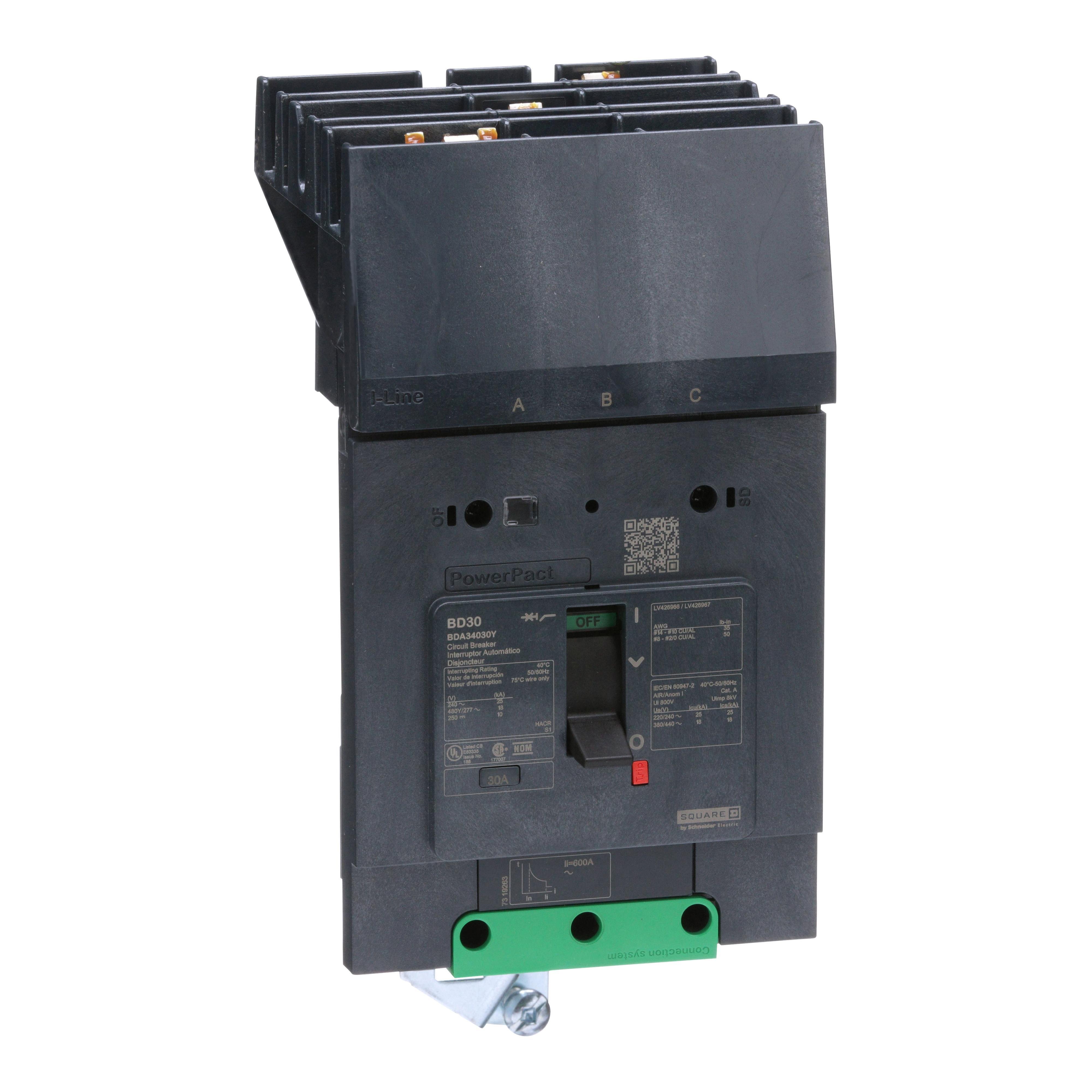 BDA34030Y - Circuit breaker, PowerPacT B, 30A, 3 pole, 480Y/277VAC, 18kA, I-Line, thermal magnetic, 80%, ABC