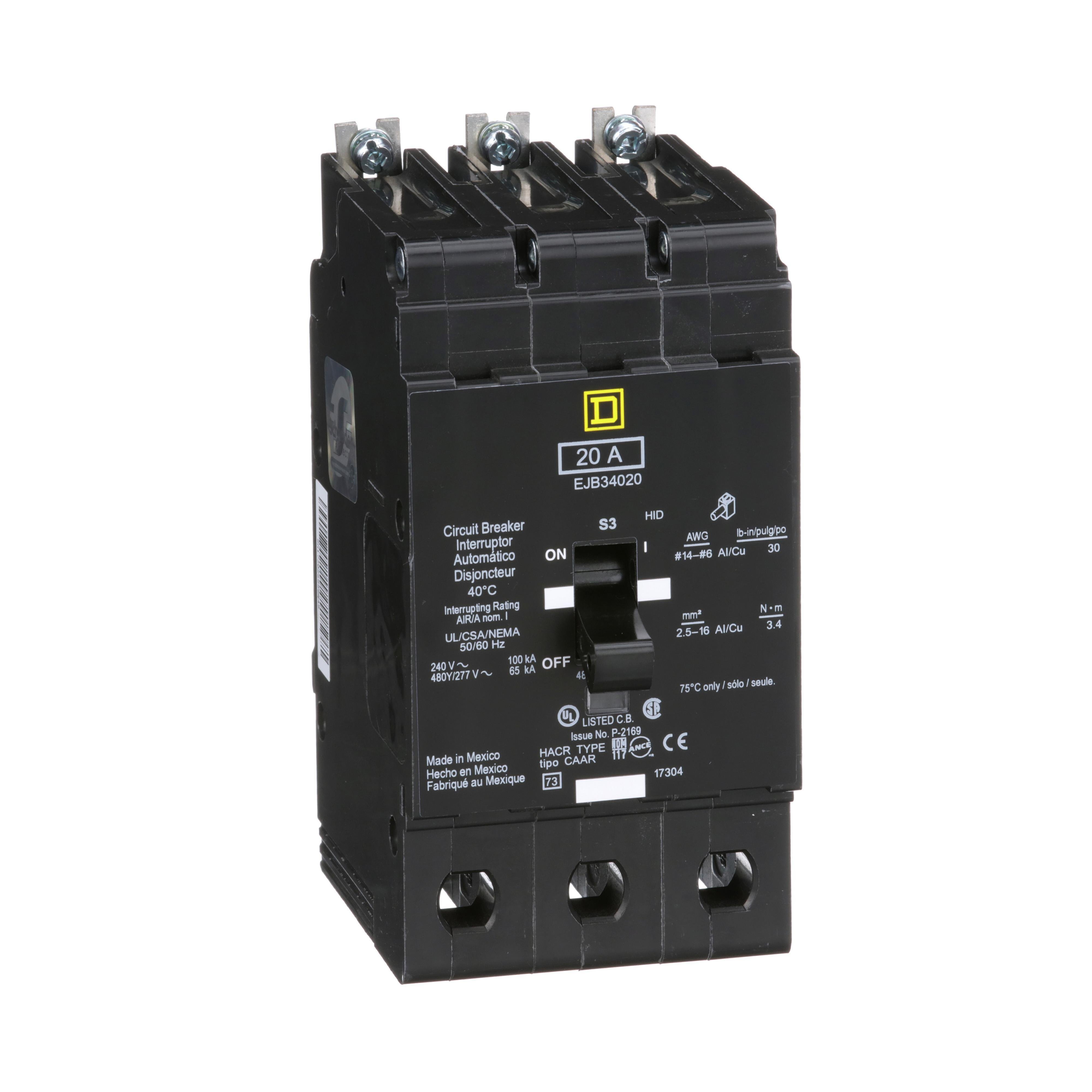 EJB34020 - [TAA] Mini circuit breaker, E-Frame, 20A, 3 pole, 480Y/277VAC, 100kA max, bolt on