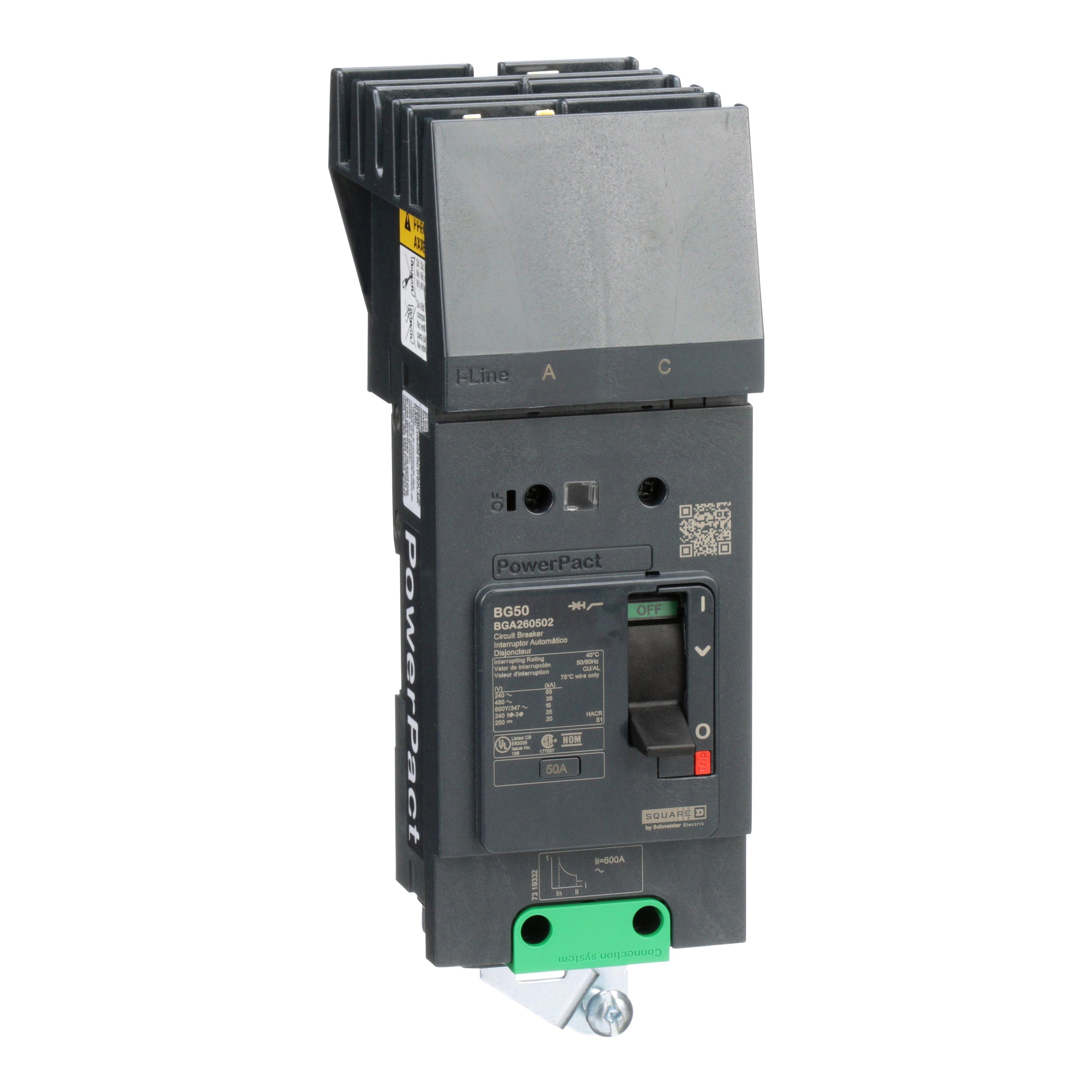 BGA260502 - Circuit breaker, PowerPacT B, 50A, 2 pole, 600Y/347VAC, 18kA, I-Line, thermal magnetic, 80%, AC