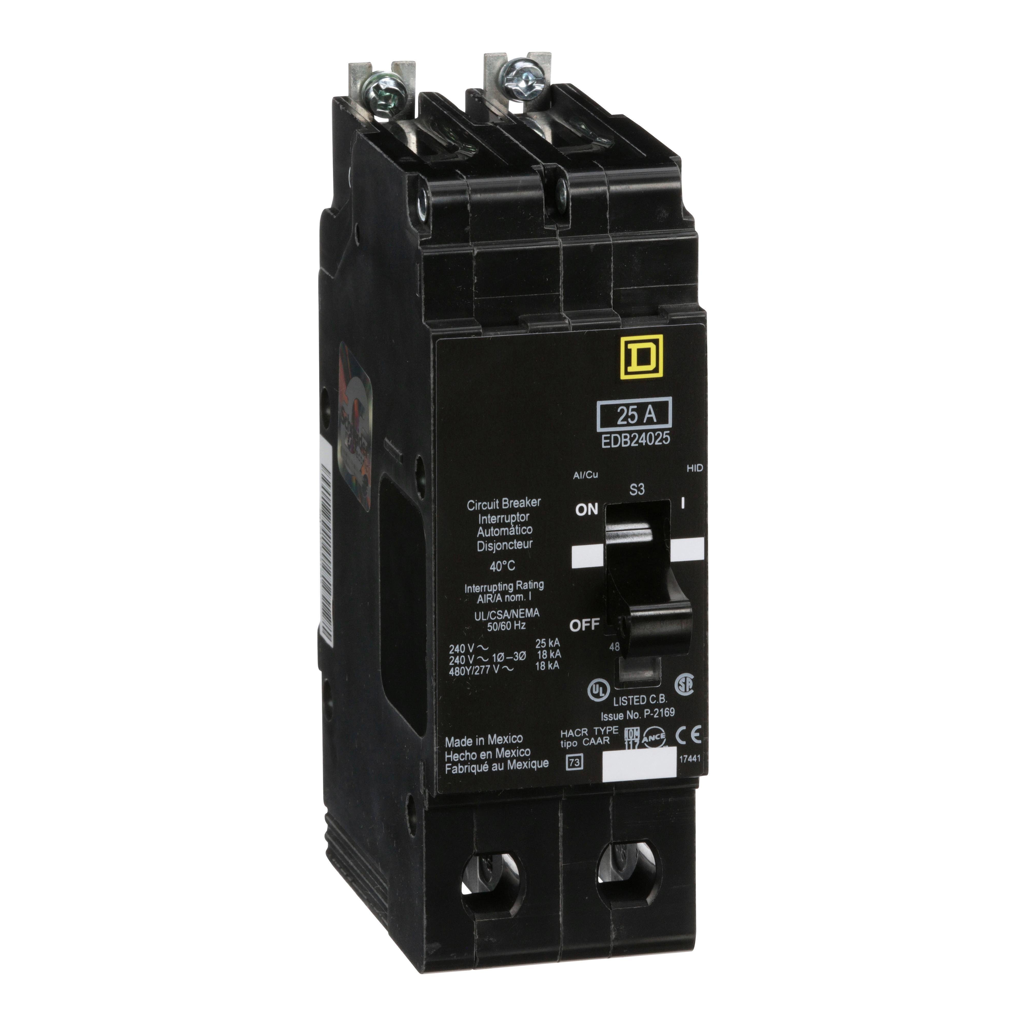 Picture of EDB24025 - Mini circuit breaker, E-Frame, 25A, 2 pole, 480Y/277VAC, 25kA max, bolt on [TAA]