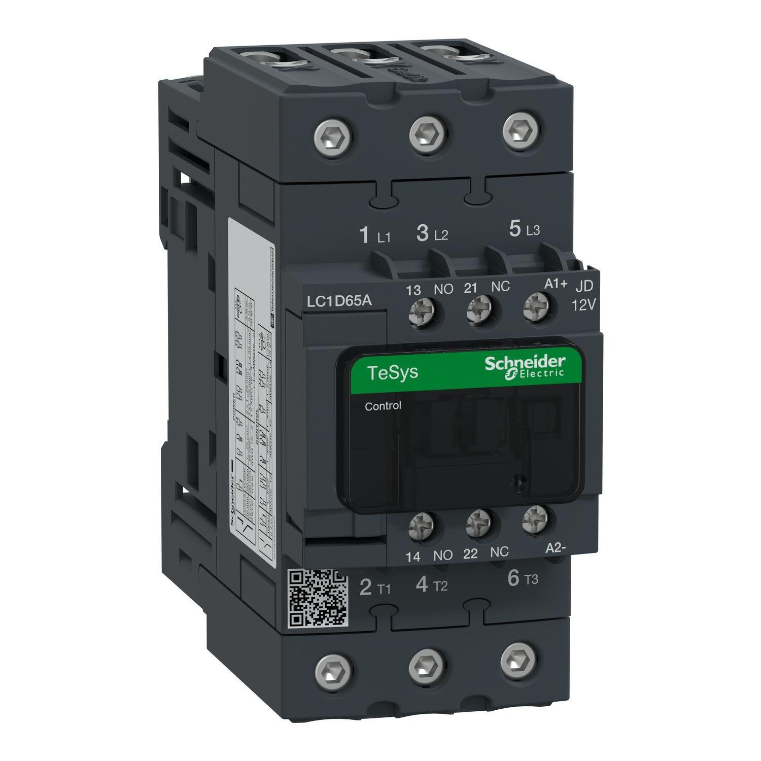 LC1D65AJD - IEC contactor, TeSys Deca, nonreversing, 65A, 40HP at 480VAC, up to 100kA SCCR, 3 phase, 3 NO, 12VDC coil, open style