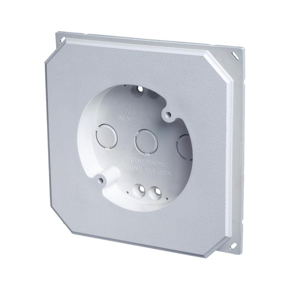 8141F - Siding Mounting Block. One peice design. Built in 6.8 cubic inch box. 1" J-channel. NM cable connector Included. Textured paintable surface.