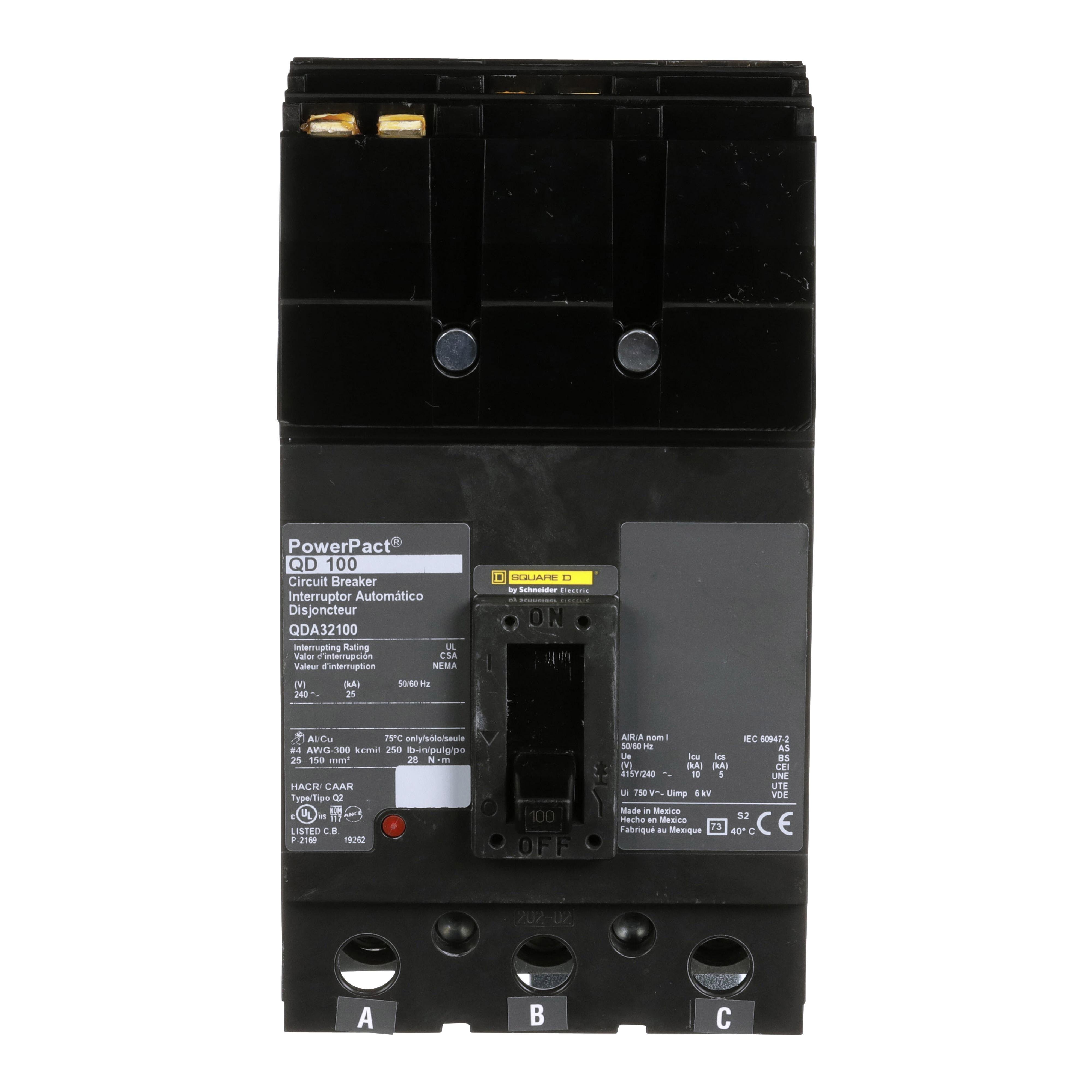 QDA32100 - Circuit breaker, PowerPacT Q, 100A, 3 pole, 240VAC, 25kA, I-Line, thermal magnetic, 80%, ABC