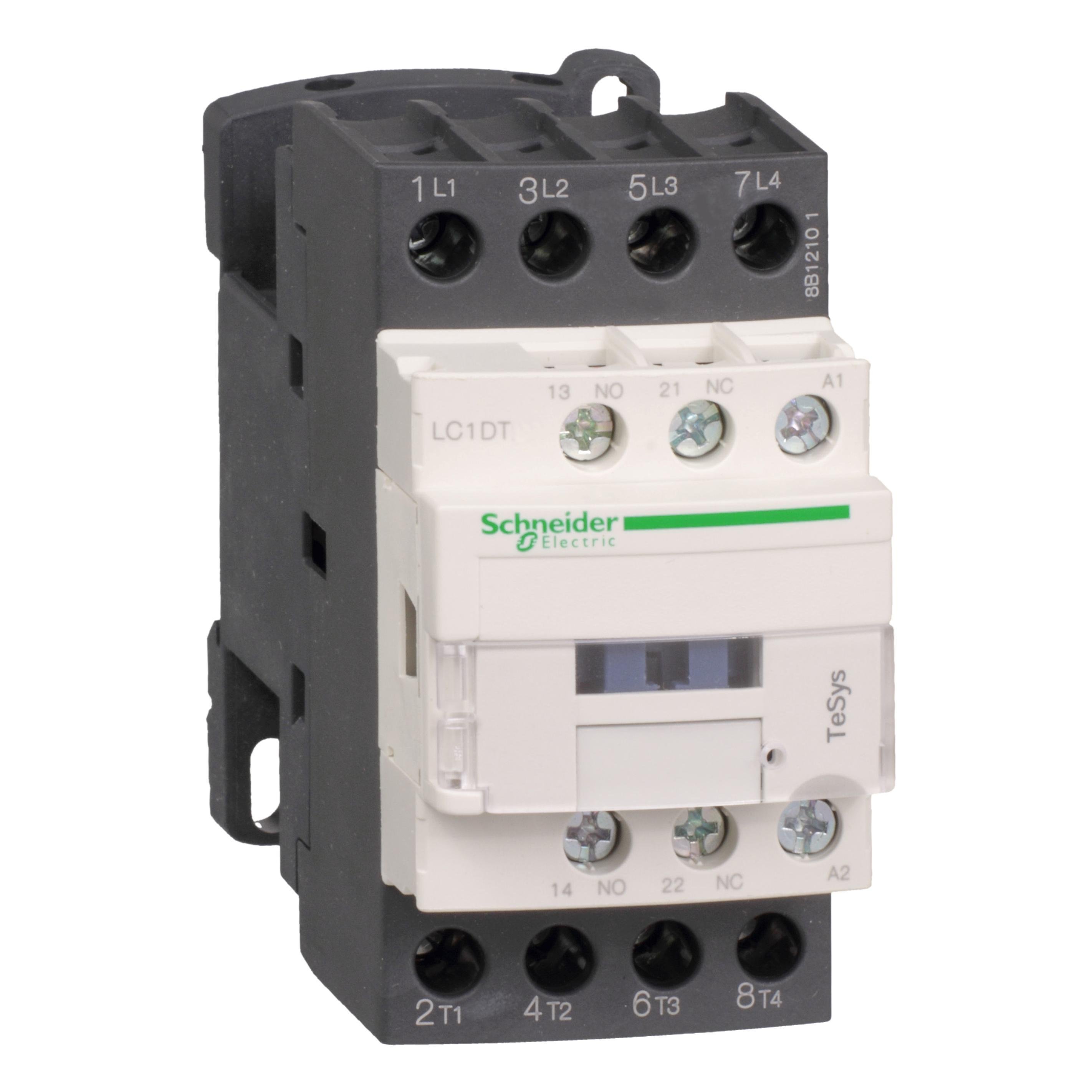 Picture of LC1DT25BD - IEC contactor, TeSys Deca, nonreversing, 25A resistive, 4 pole, 4 NO, 24VDC coil, open style