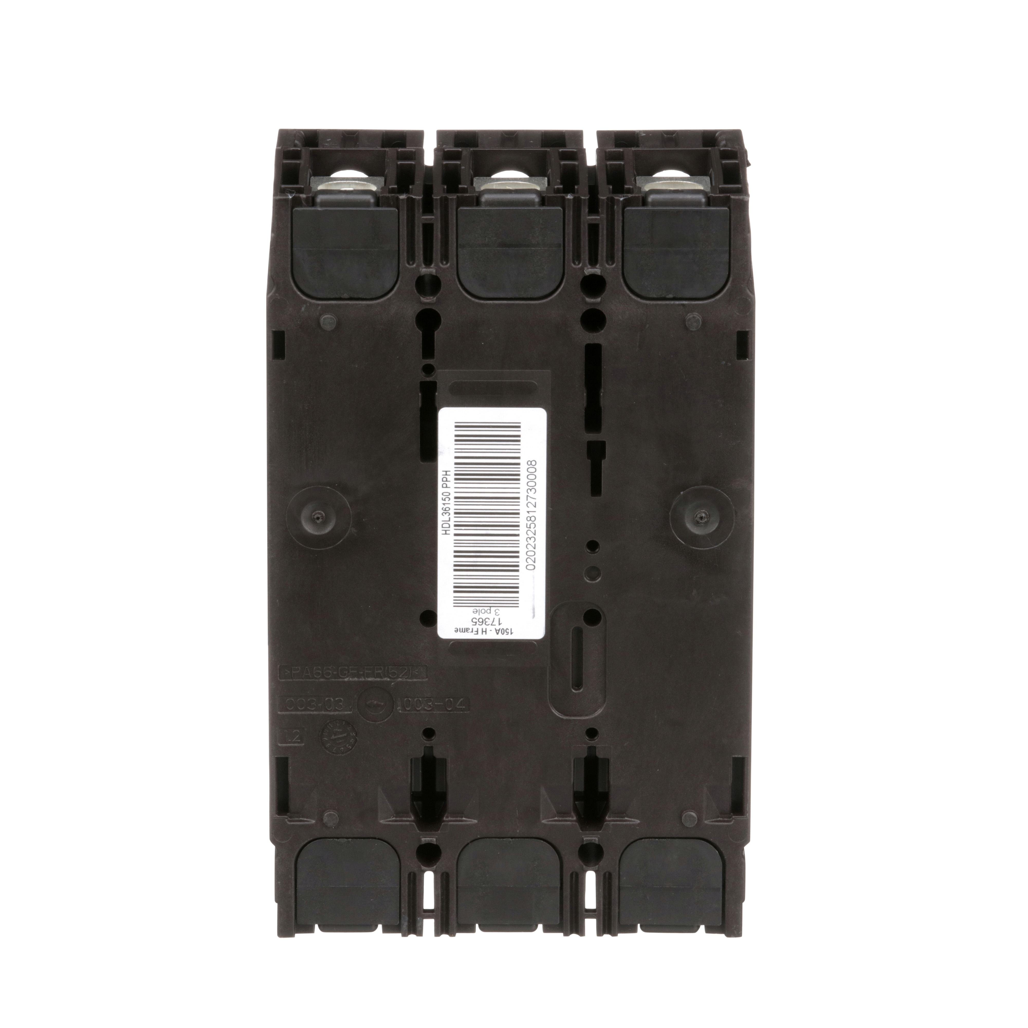 Picture of HDL36150 - Circuit breaker, PowerPacT H, 150A, 3 pole, 600VAC, 14kA, lugs, thermal magnetic, 80%