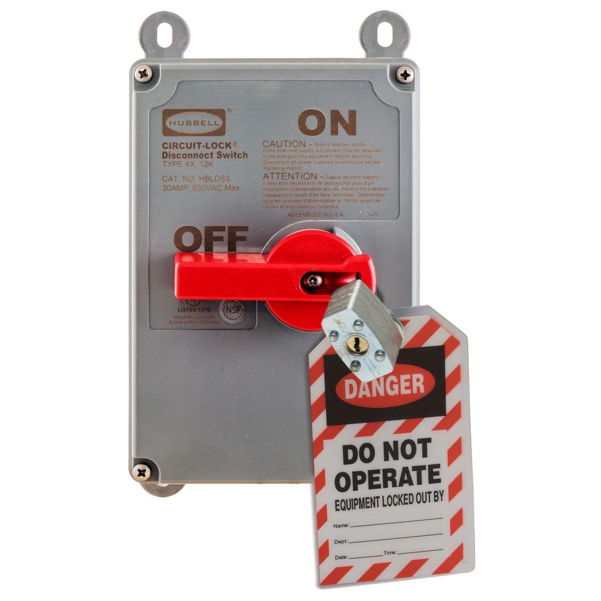 Picture of HBLDS3 - Switches and Lighting Controls, Industrial Grade, Non-Fused Disconnect Switch, Three Pole, 30A 600V AC, Screw Terminals, Gray, NEMA 4X Enclosure,