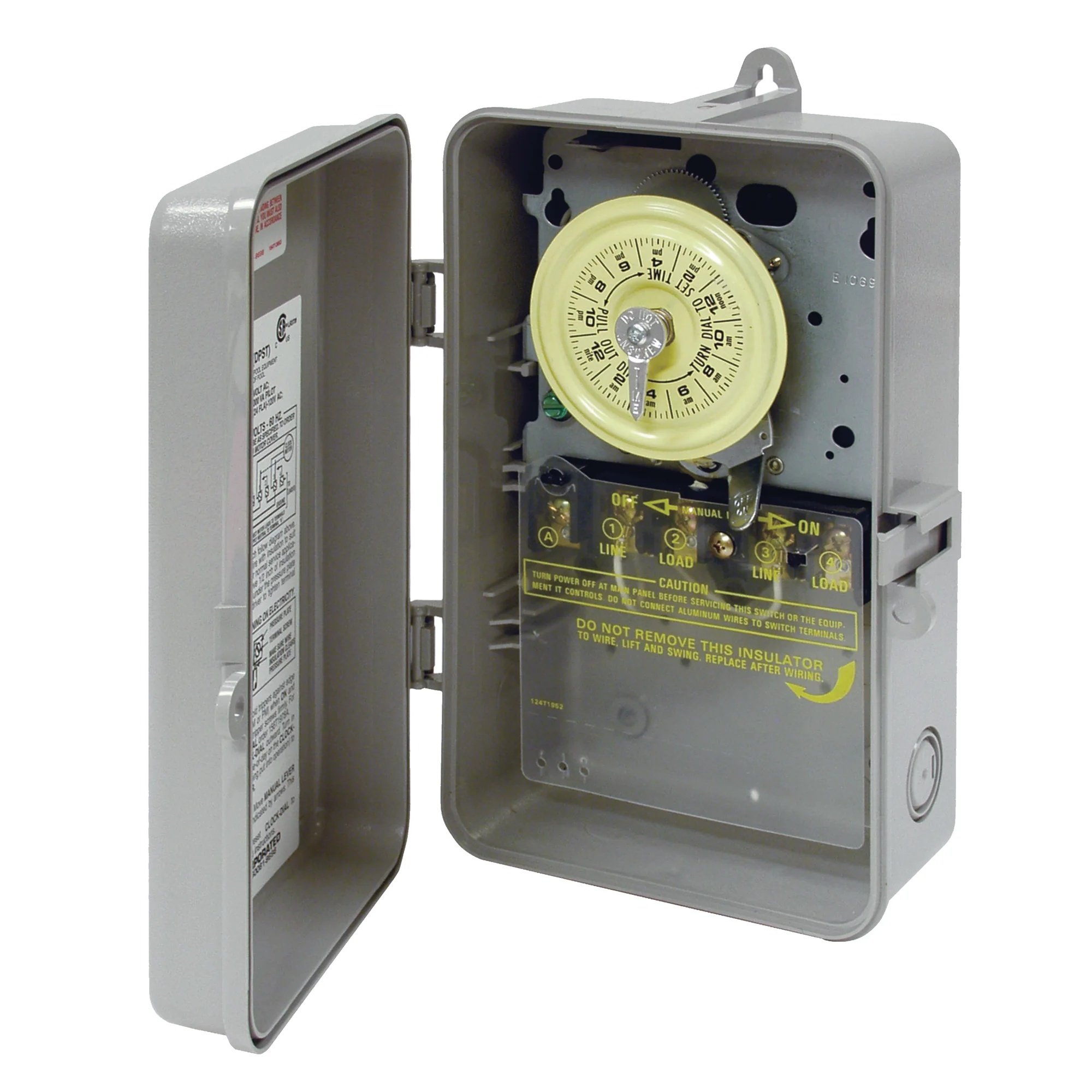 T104P - 24-Hour Mechanical Time Switch, 208-277 VAC, 60Hz, DPST, Indoor/Outdoor Plastic Enclosure, 1 Hour Interval