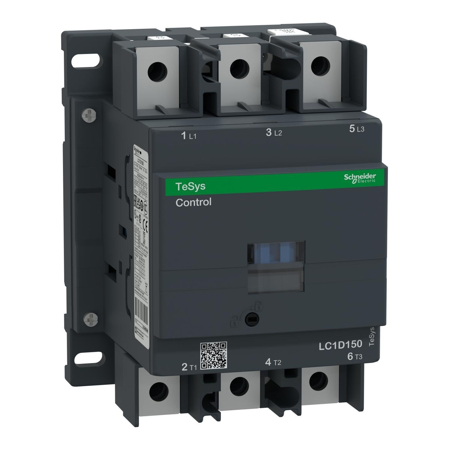 LC1D1506BD - IEC contactor, TeSys Deca, nonreversing, 150A, 100HP at 480VAC, 3 phase, 3 pole, 3 NO, 24VDC coil, open style