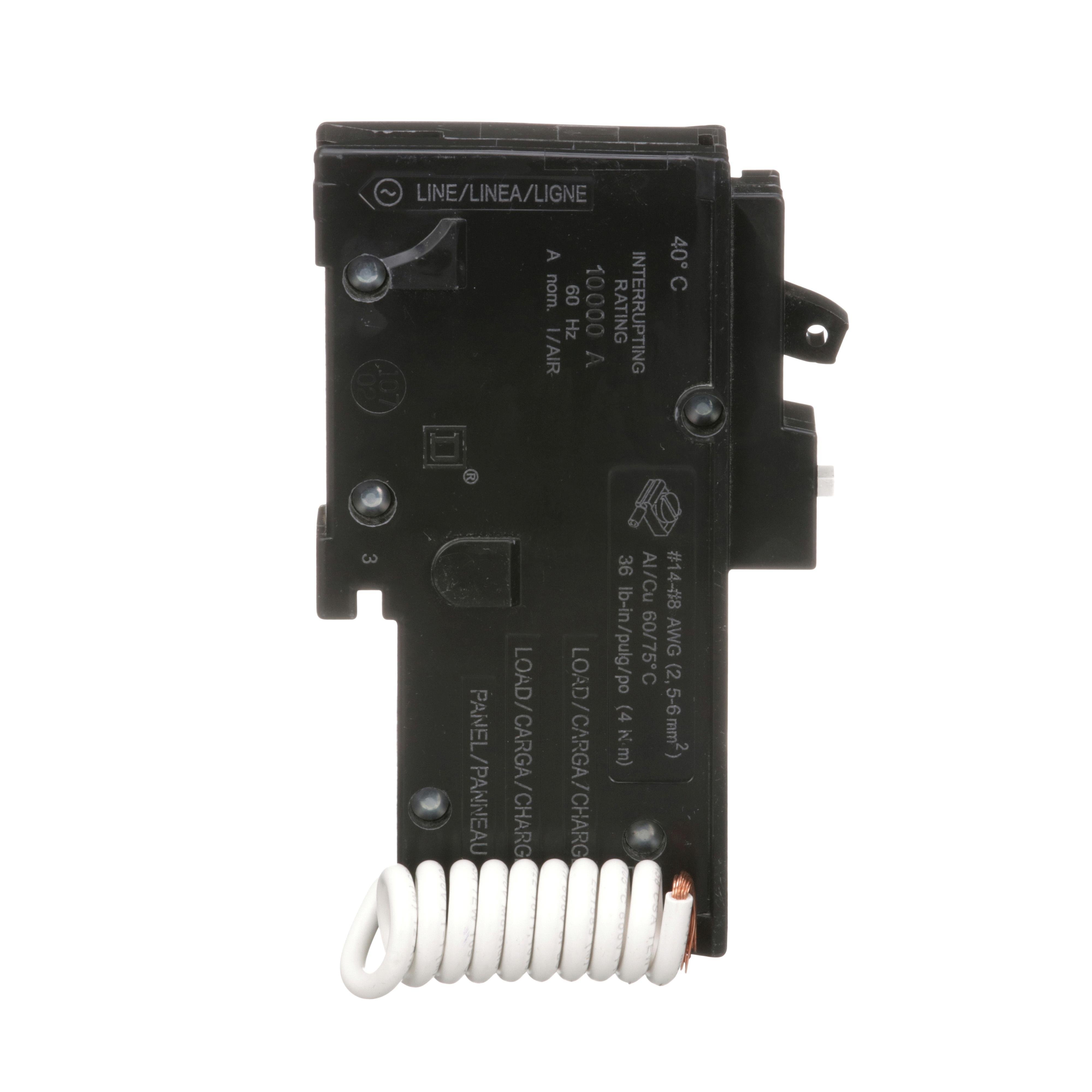 Picture of HOM115CAFI - Mini circuit breaker, Homeline, 15A, 1 pole, 120VAC, 10kA AIR, combo arc fault, pigtail neutral, plug in, UL