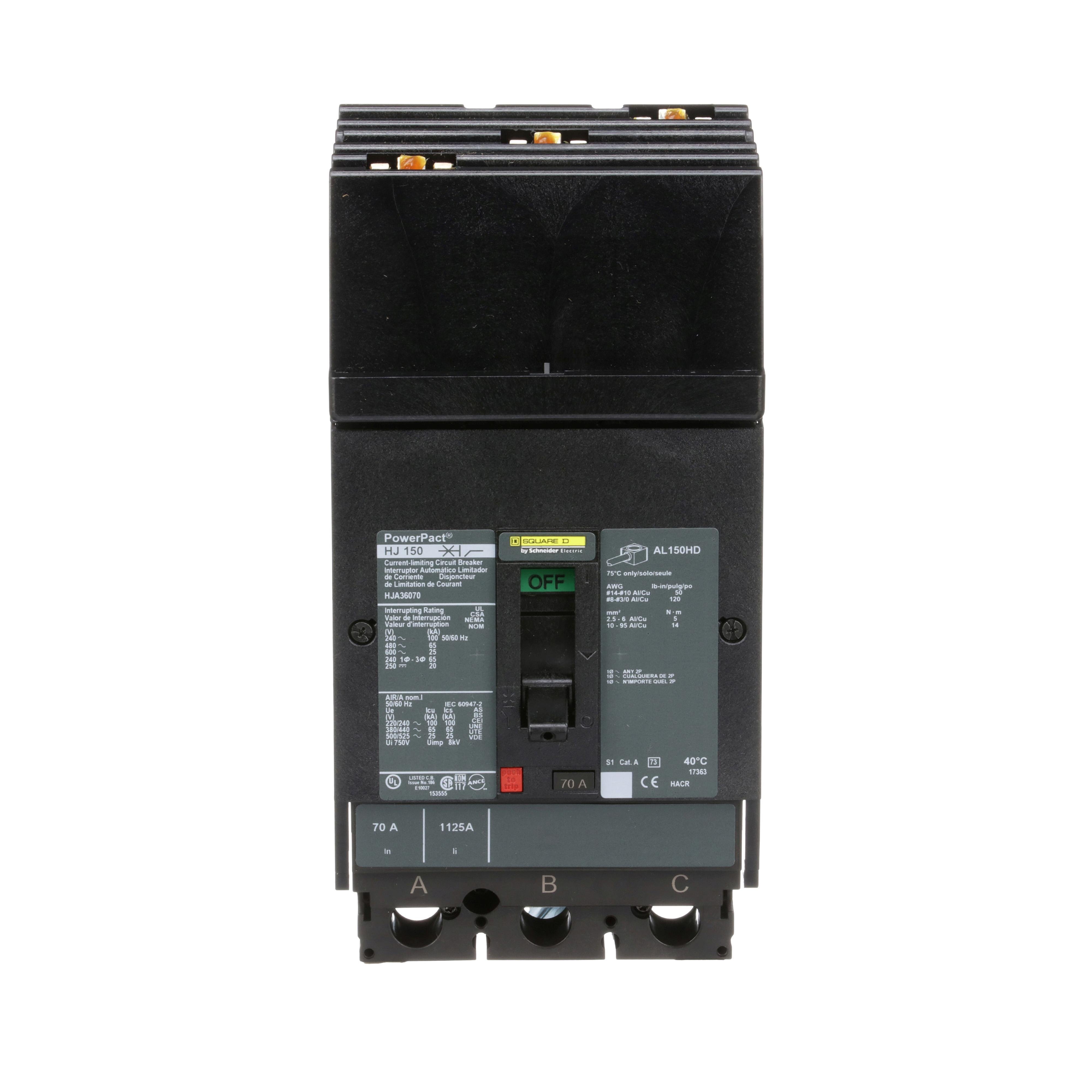Picture of HJA36070 - Circuit breaker, PowerPacT H, 70A, 3 pole, 600VAC, 25kA, I-Line, thermal magnetic, 80%, ABC