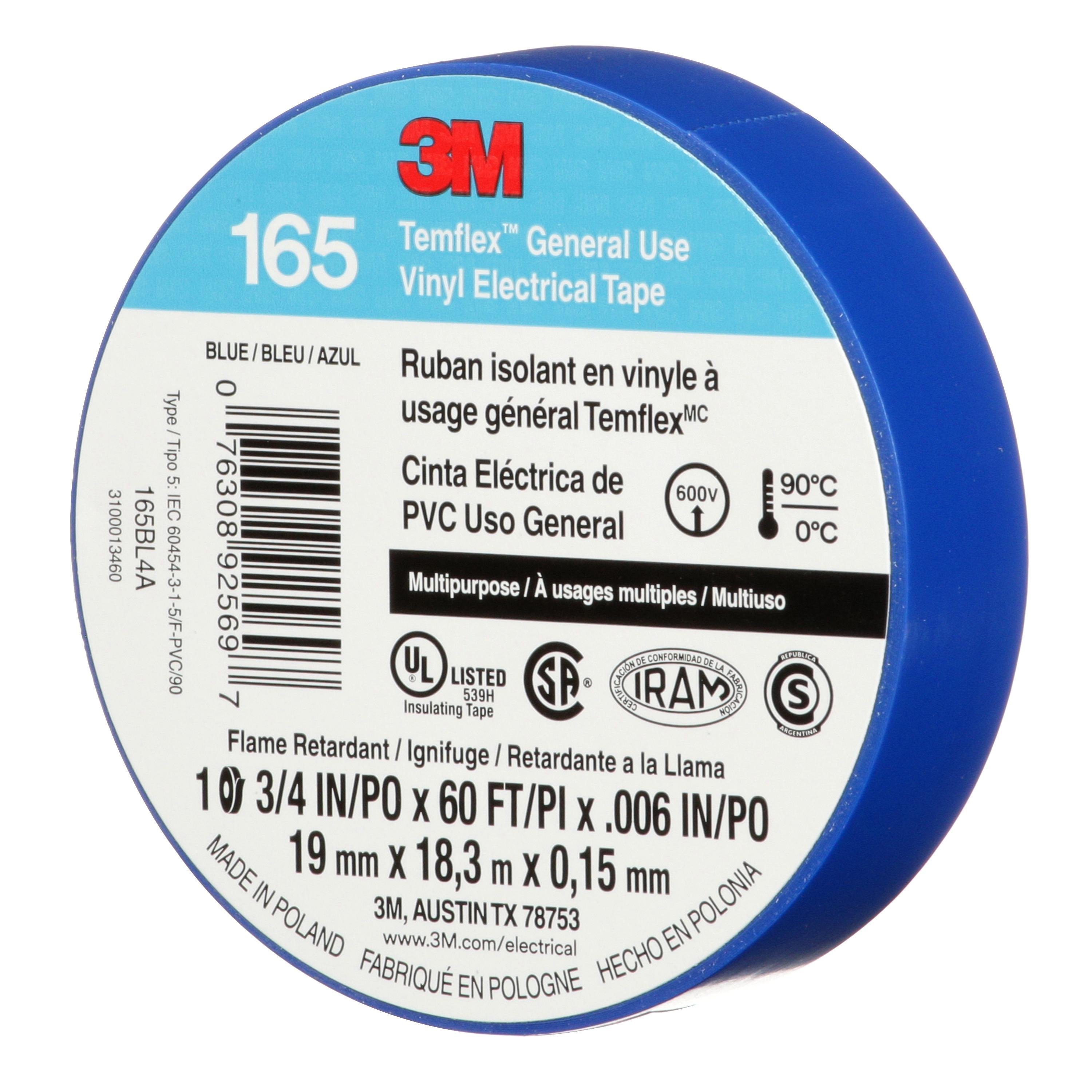 Picture of 7100169429 - 3M™ Temflex™ Vinyl Electrical Tape 165, Blue, 3/4 in x 60 ft (19 mm x 18 m), 6 mil, 100 Rolls/Case