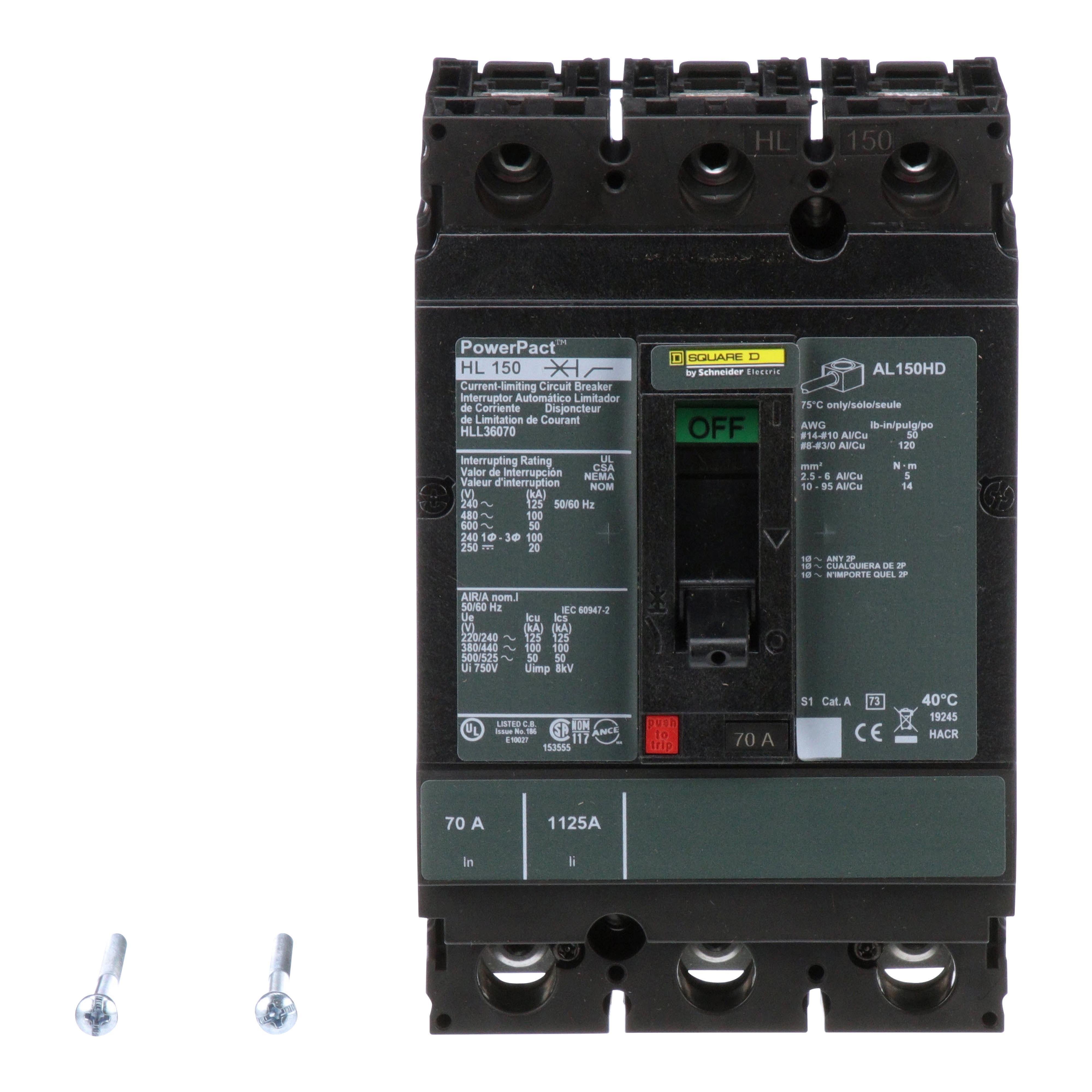 HLL36070 - Circuit breaker, PowerPacT H, 70A, 3 pole, 600VAC, 50kA, lugs, thermal magnetic, 80%