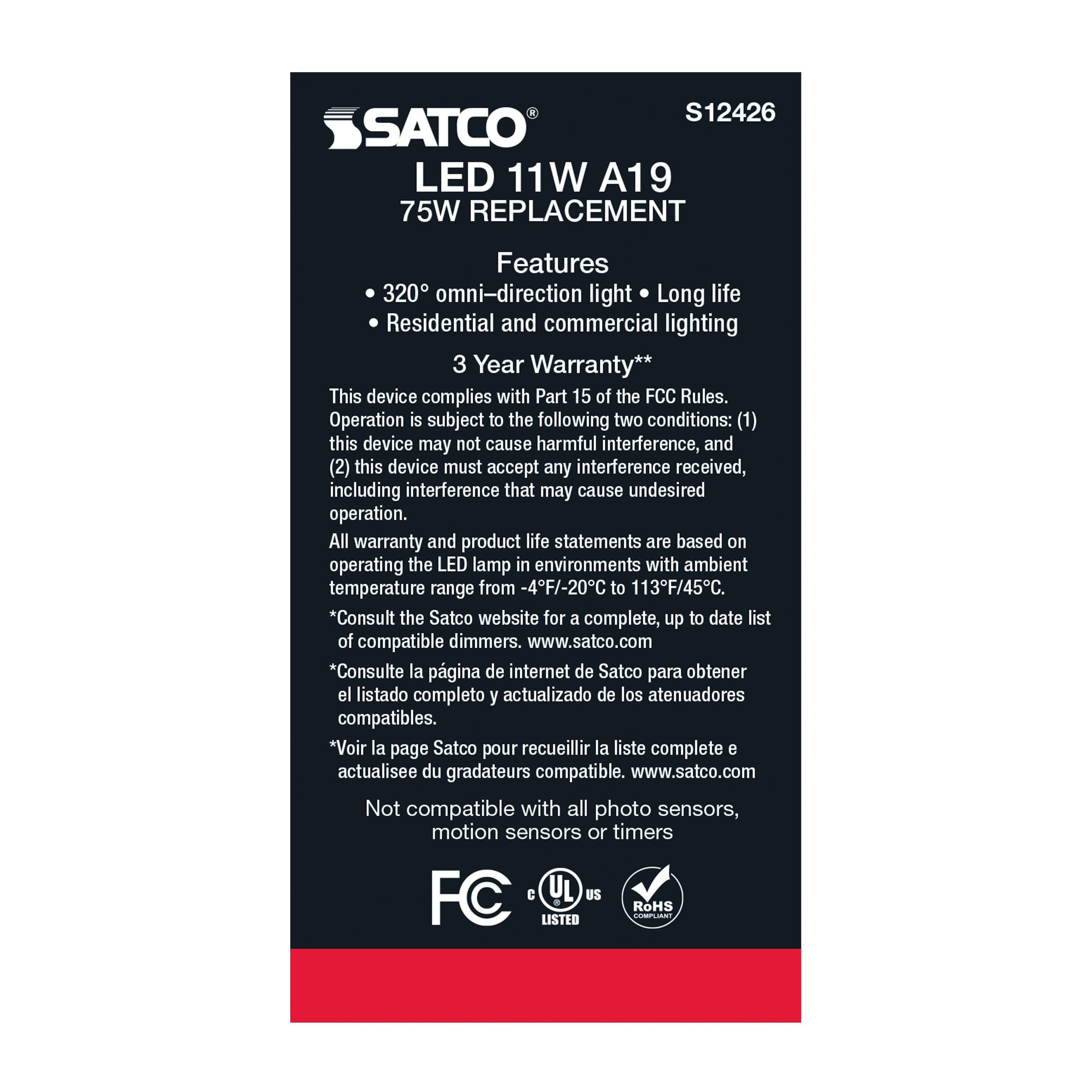 Picture of S12426 - 11 Watt LED A19 - Soft White - Medium Base - 2700K - 90 CRI - 120 Volt