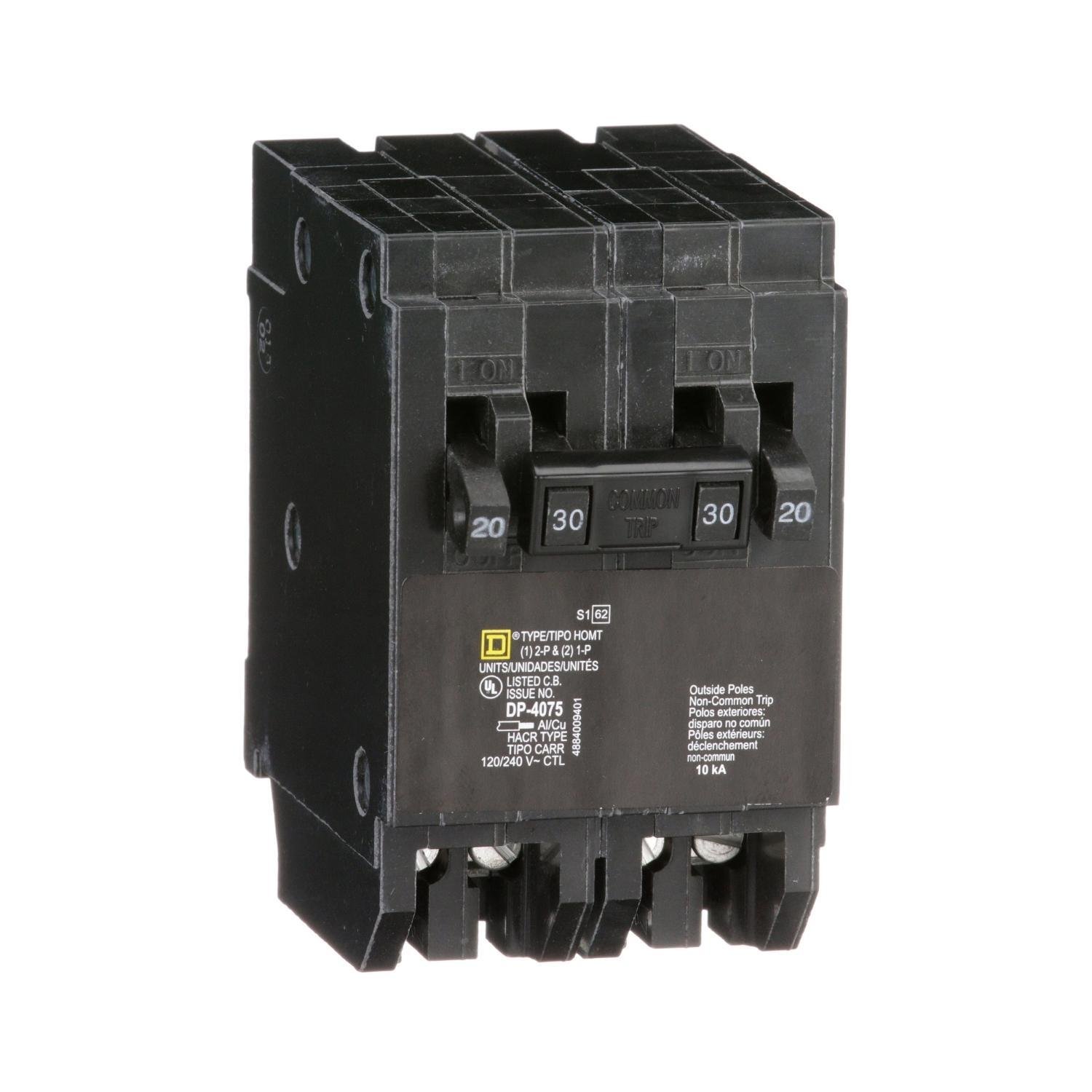 HOMT2020230 - Tandem circuit breaker, Homeline, 2 x 1 pole at 20A, 1 x 2 pole at 30A, 120/240VAC, 10kA AIR, plug in, UL
