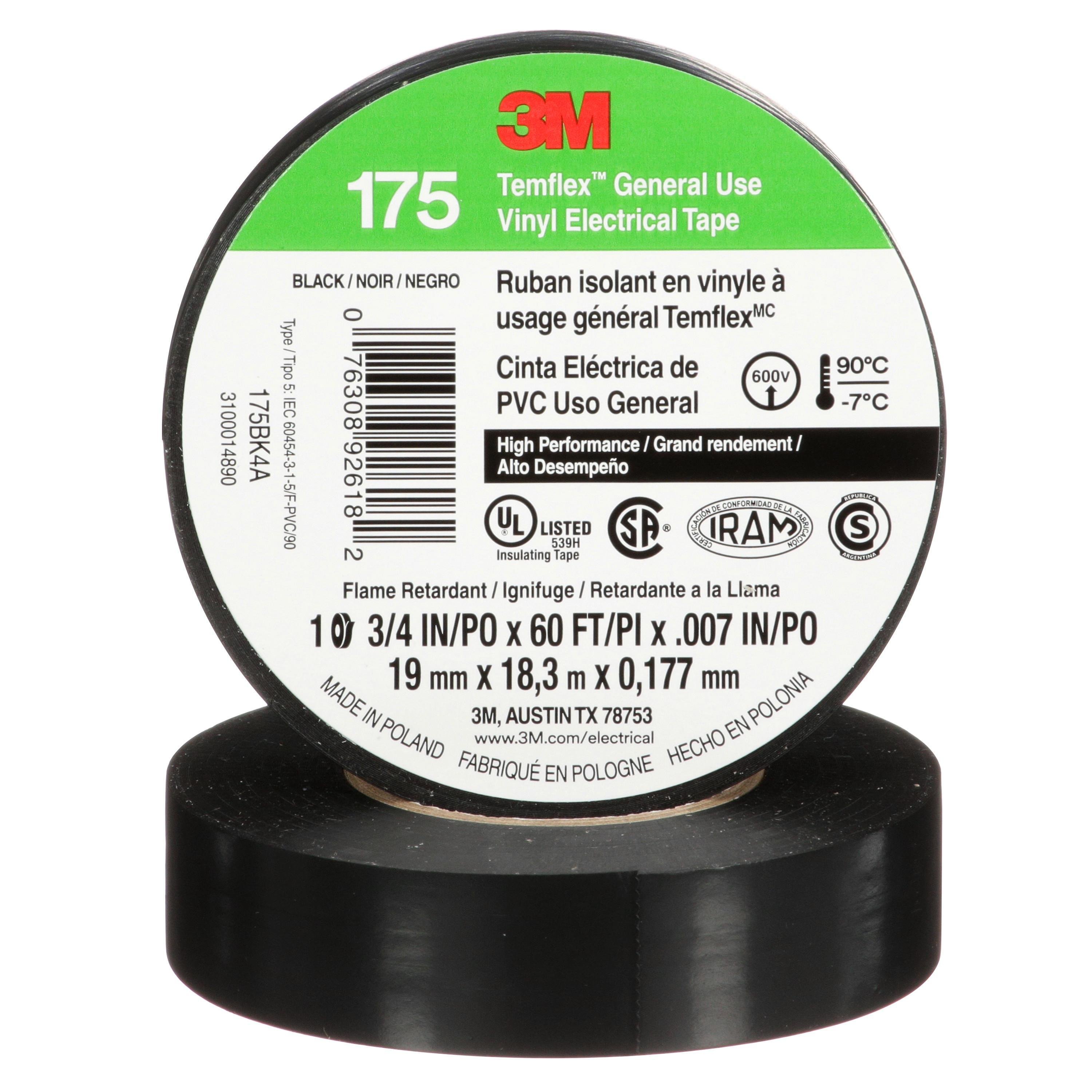 7100188506 - 3M™ Temflex™ Vinyl Electrical Tape 175, Black, 3/4 in x 60 ft (19 mm x 18 m), 7 mil, 100 Rolls/Case