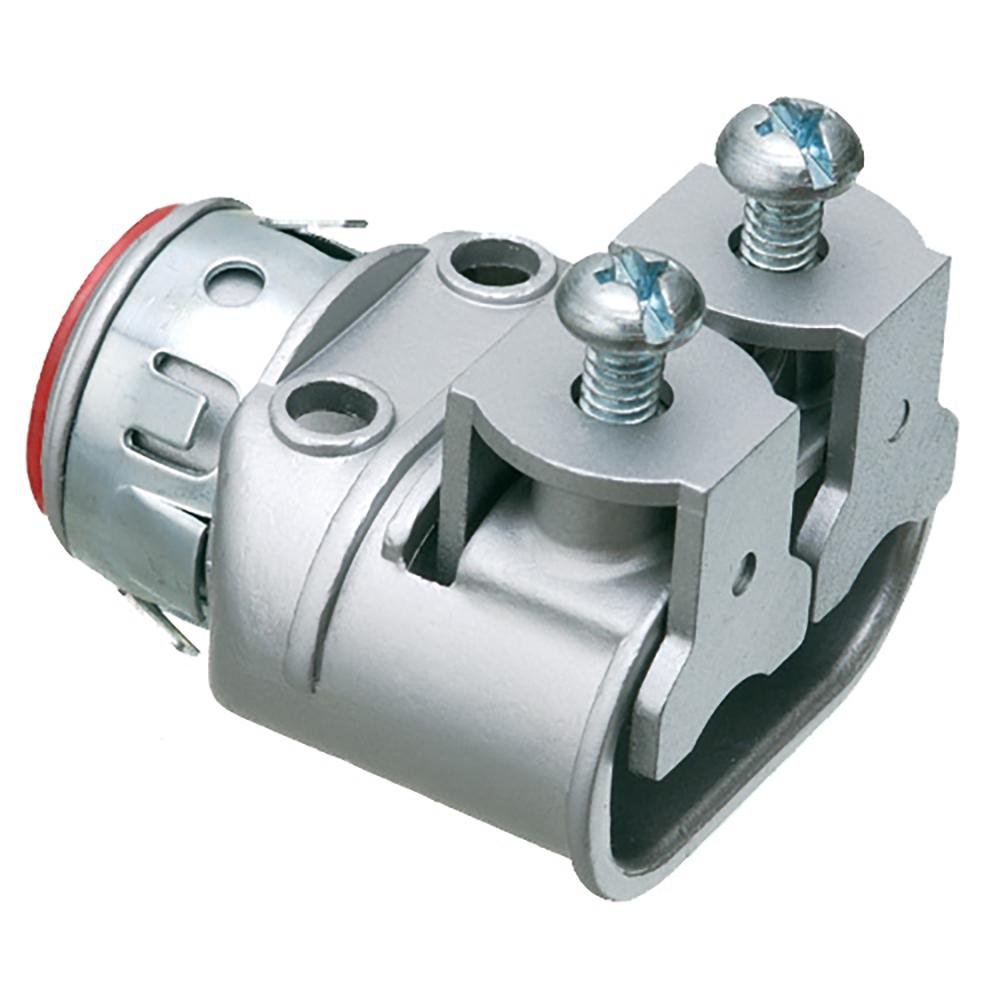 SG3838AST - Zinc die-cast, 1/2" knockout saddle-type duplex cable connector for aluminum and steel cable. Concrete tight when taped. With independent securing of cables, you can use two different size cables. Secures to knockout with spring steel clip. Wi