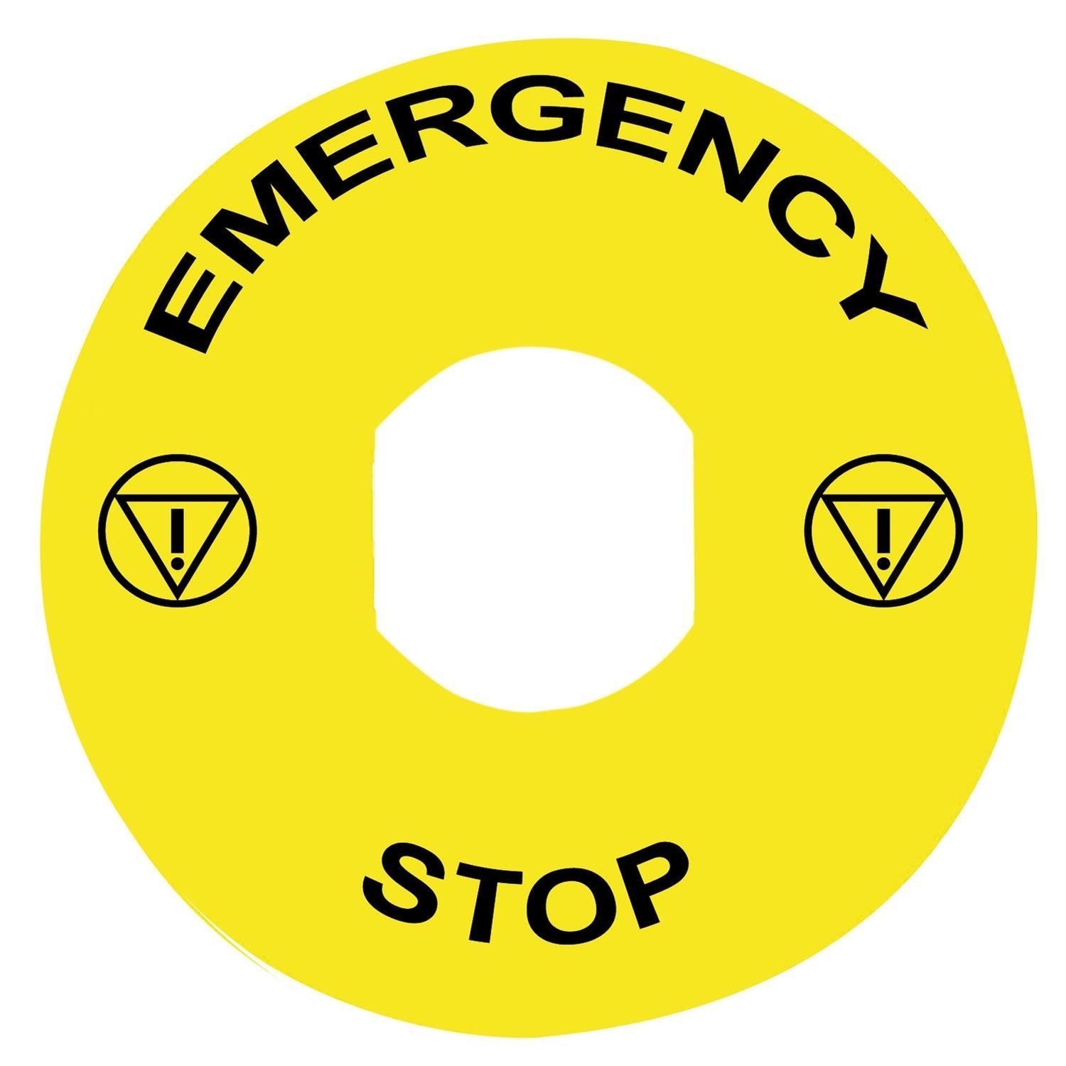 Picture of ZBY8330 - Marked legend, Harmony XB4, plastic, yellow, 90mm, for emergency stop, marked EMERGENCY STOP with logo ISO13851