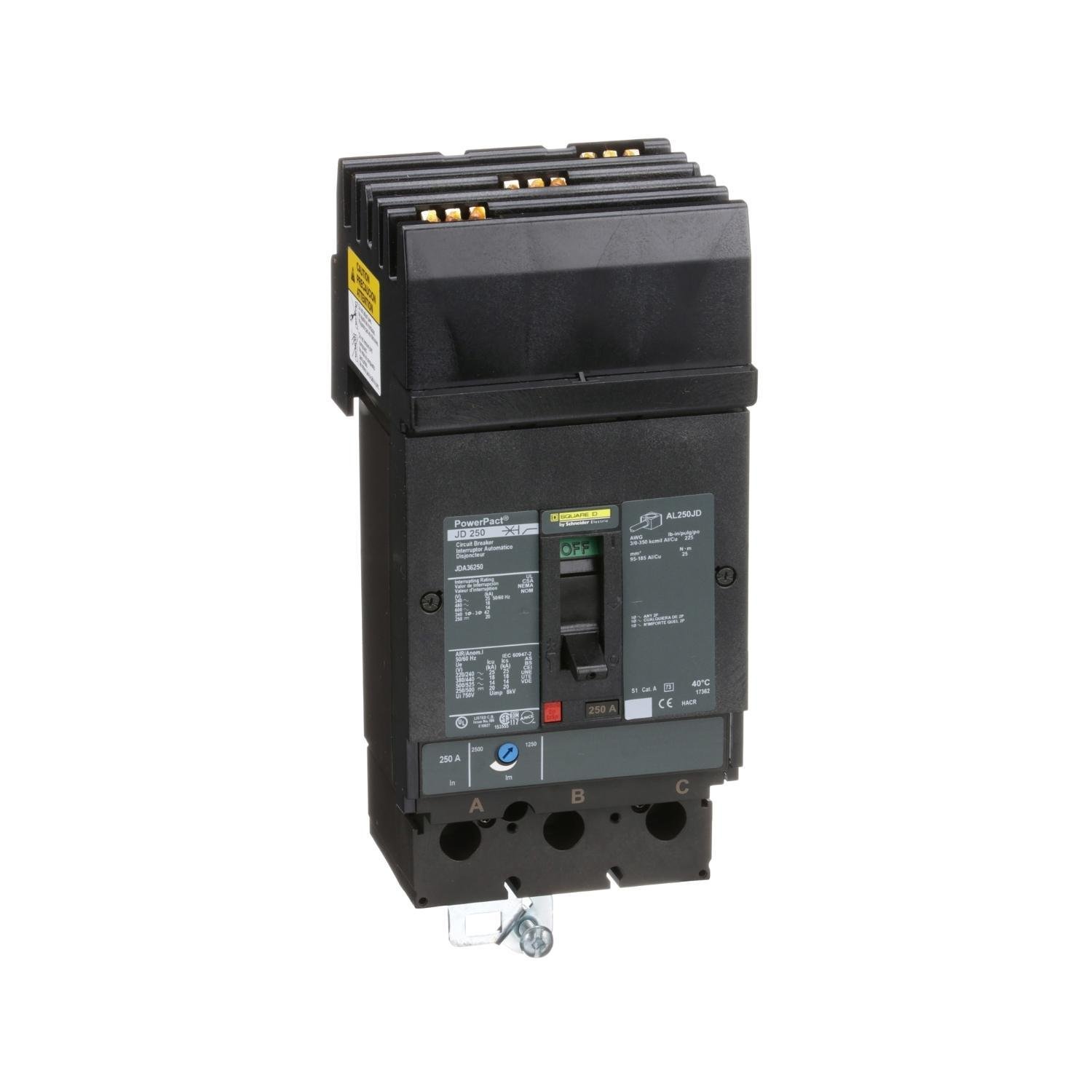 JDA36250 - Circuit breaker, PowerPacT J, 250A, 3 pole, 600VAC, 14kA, I-Line, thermal magnetic, 80%, ABC