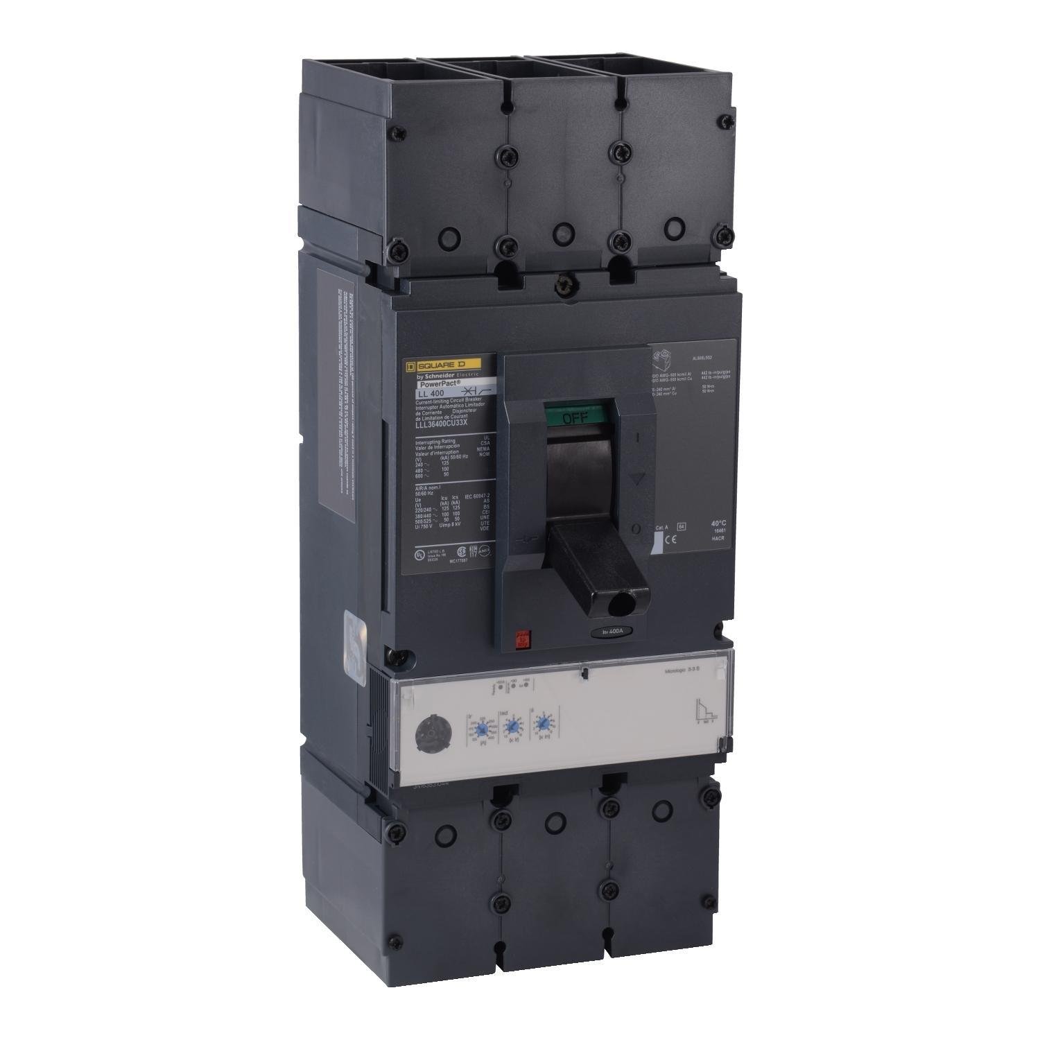 LJL36400CU33X - Circuit breaker, PowerPacT L, 400A, 3 pole, 600VAC, 25kA, lugs, MicroLogic 3.3S, 100%
