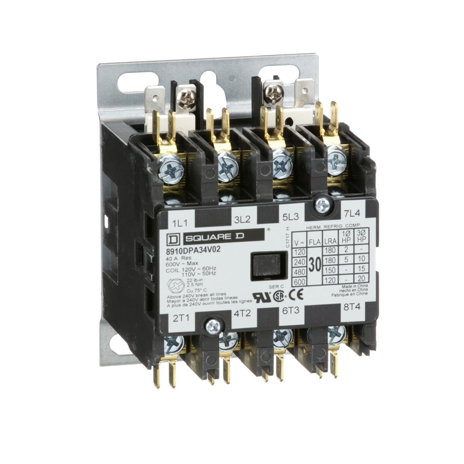 Picture of 8910DPA34V02 - Contactor, Definite Purpose, 30A, 4 pole, 20HP at 575VAC, 3 phase, 110/120VAC 50/60Hz coil, open