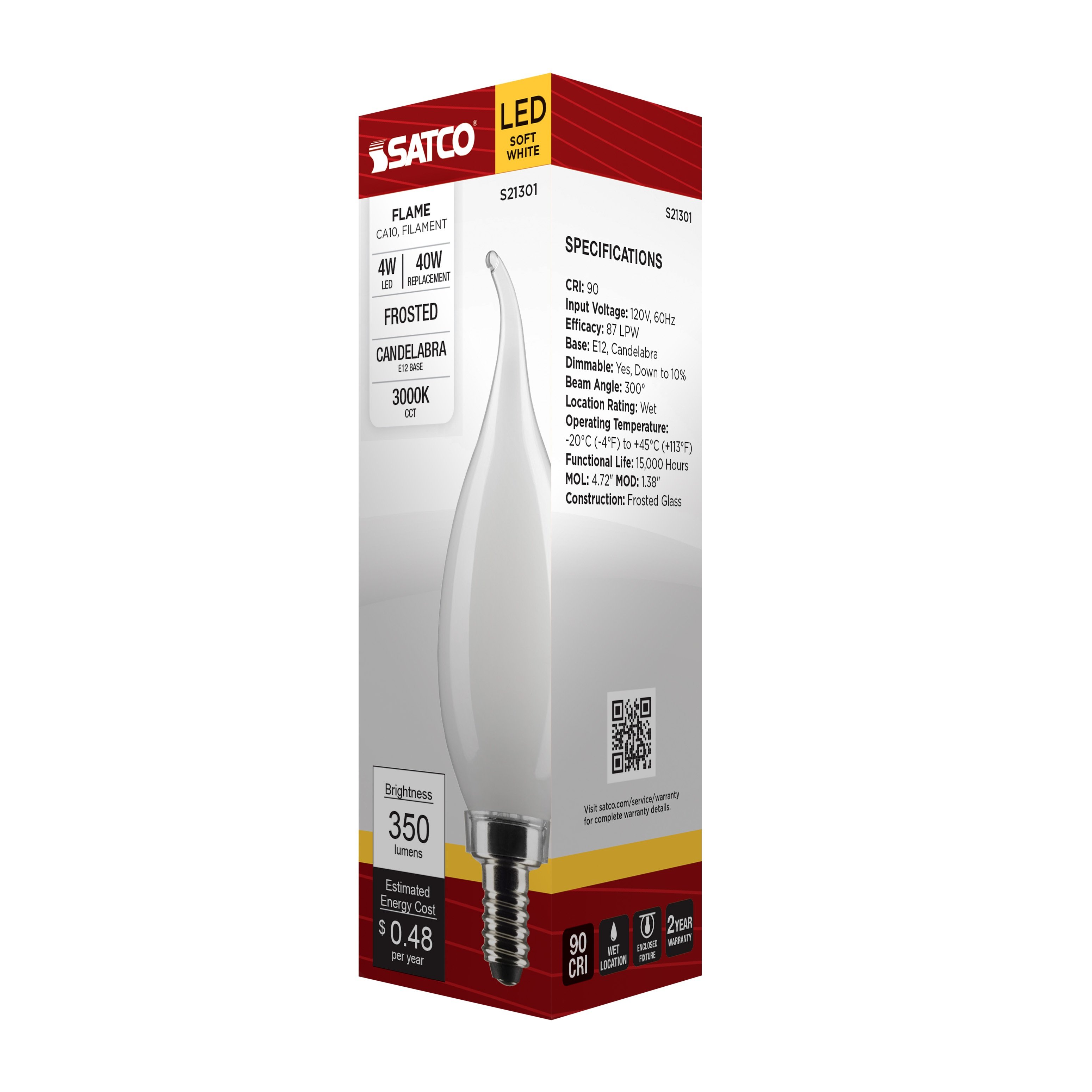 Picture of S21301 - 4 Watt CA10 LED - Frost - Candelabra base - 90 CRI - 3000K - 120 Volt