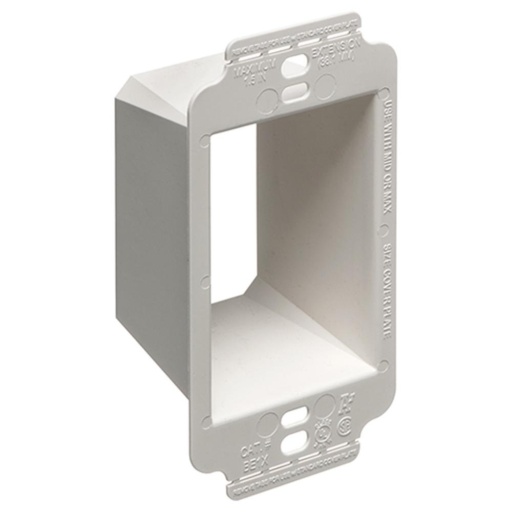 BE1X - Better device support in oversized or misscut wall opennings. Box Extender, levels and supports the wiring device where the box is set back from the wall surface extends the box up to an 1-1/2. 2 hour fire rating. Single Gang.
