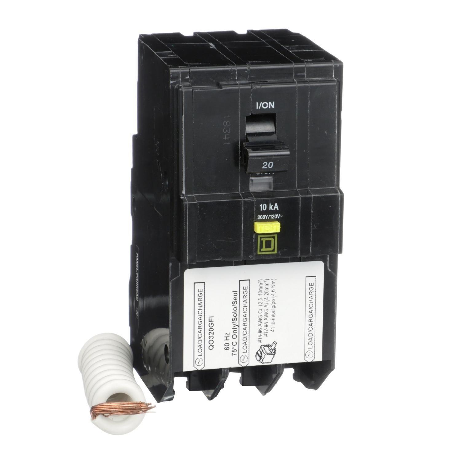 QO320GFI - Mini circuit breaker, QO, 20A, 3 pole, 208Y/120VAC, 10kA, plug in, 6mA grd fault A, pigtail [TAA]