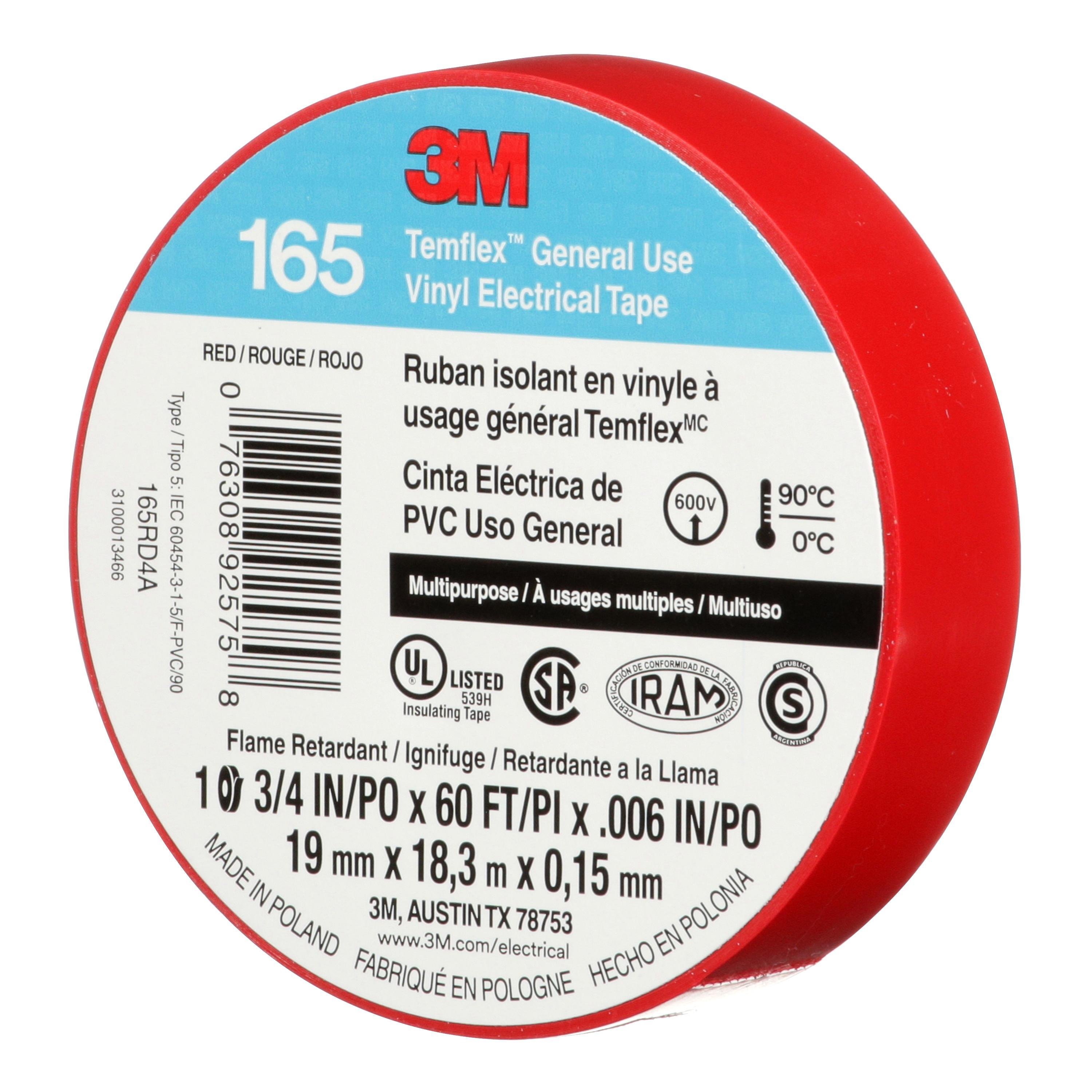 Picture of 7100169492 - 3M™ Temflex™ Vinyl Electrical Tape 165, Red, 3/4 in x 60 ft (19 mm x 18 m), 6 mil, 100 Rolls/Case