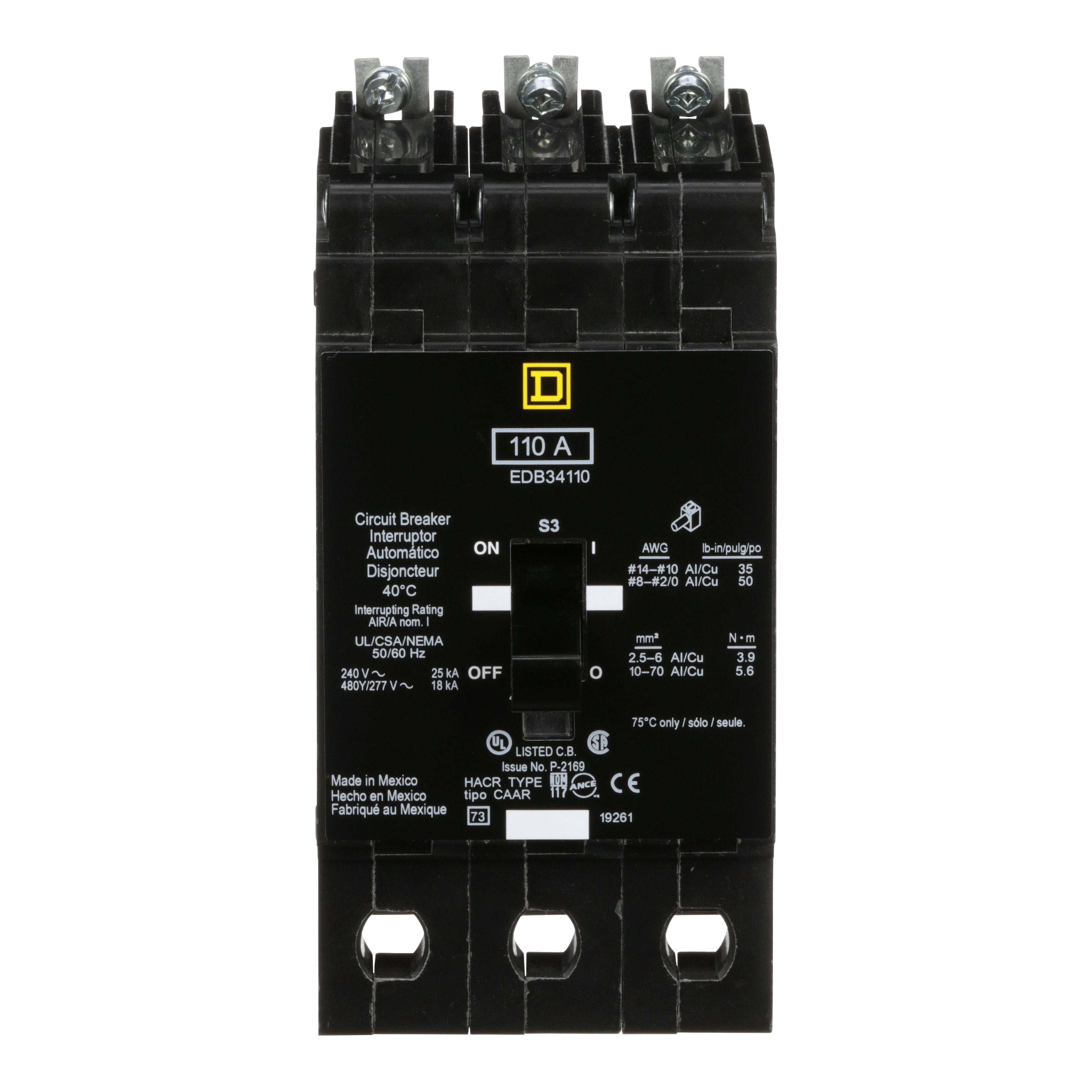 EDB34110 - Mini circuit breaker, E-Frame, 110A, 3 pole, 480Y/277VAC, 25kA max, bolt on [TAA]