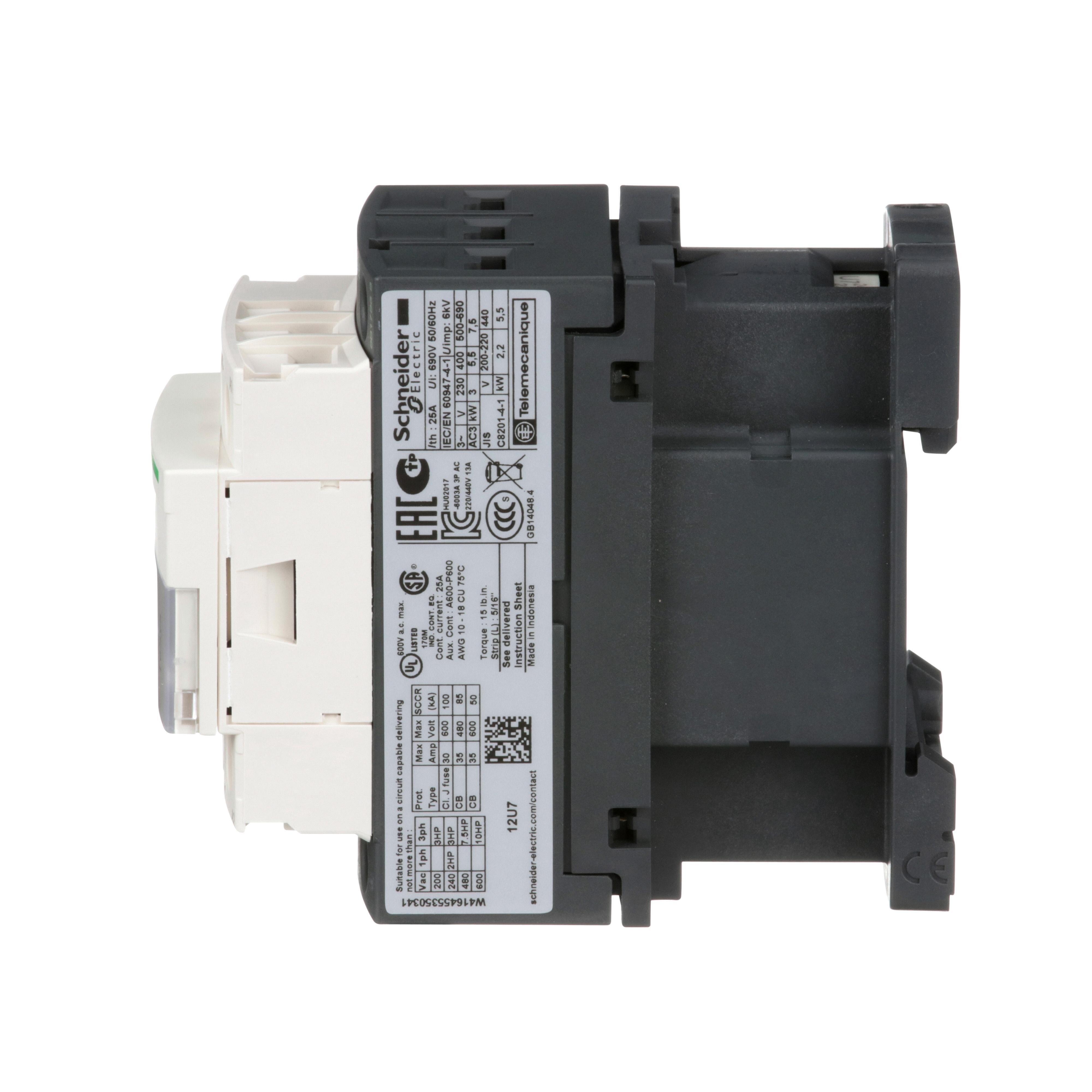 Picture of LC1D12U7 - IEC contactor, TeSys Deca, nonreversing, 12A, 7.5HP at 480VAC, up to 100kA SCCR, 3 phase, 3 NO, 240VAC 50/60Hz coil, open