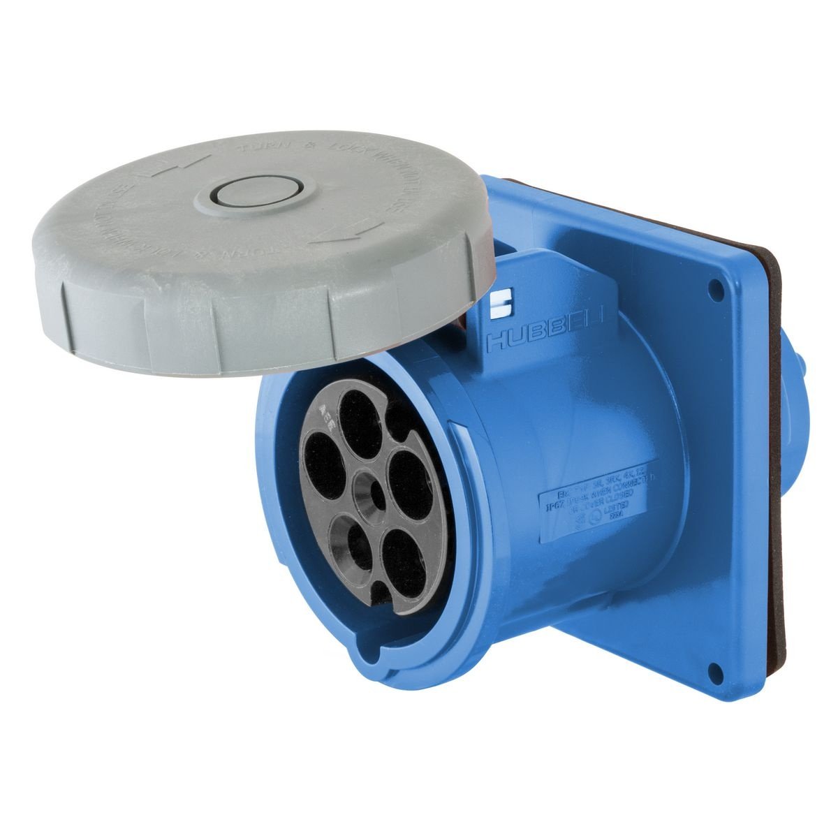 HBL560R9W - Heavy Duty Products, IEC Pin and Sleeve Devices, Industrial Grade, Female Receptacle, 60A 3-Phase Wye 120/208V AC, 4-Pole 5-Wire Grounding, Terminal Screws, Blue, Watertight
