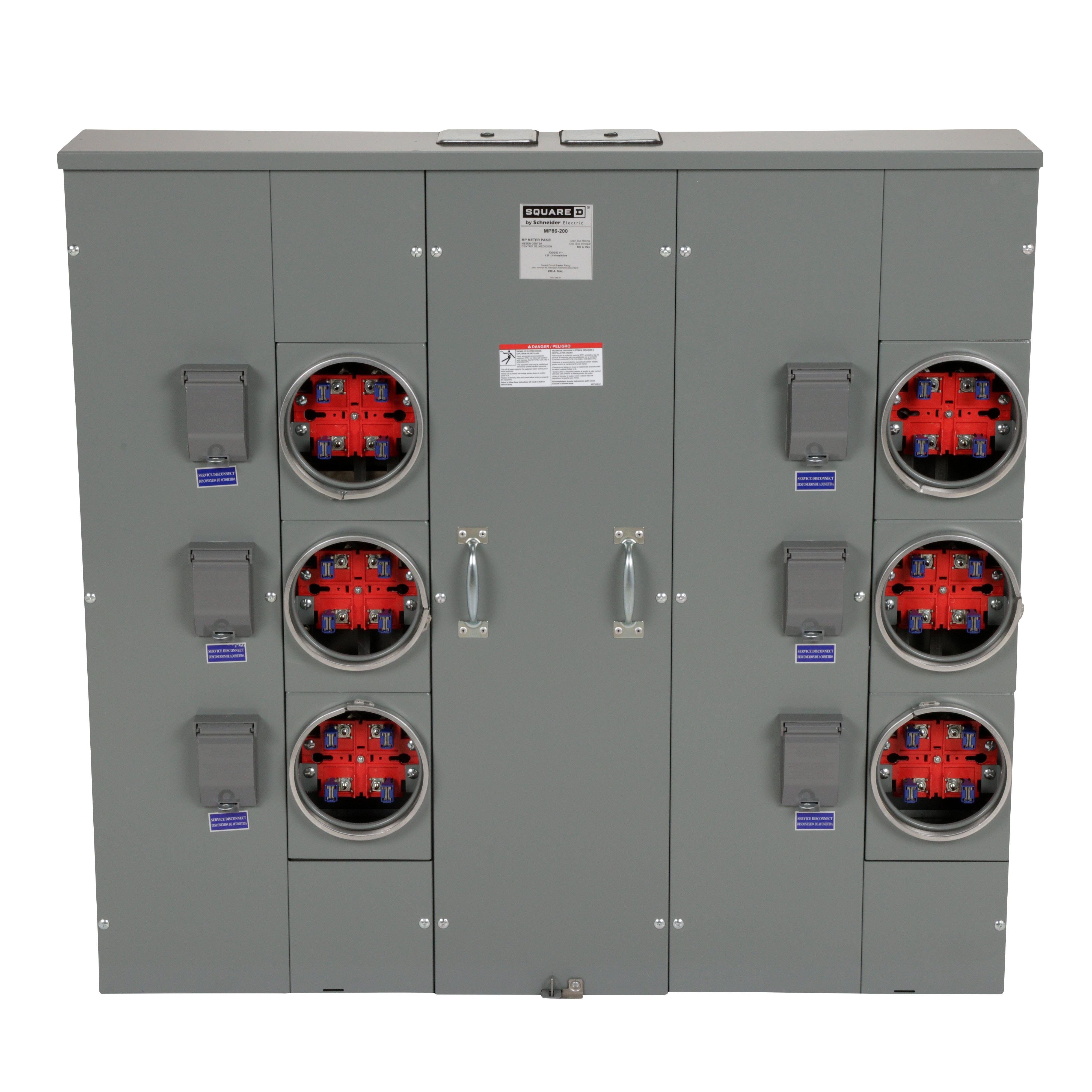 Picture of MP86200 - Meter center, MP Meter-Pak, 6 sockets, no bypass, 4 jaws, 800A bus, 200A max breaker rating, ringed