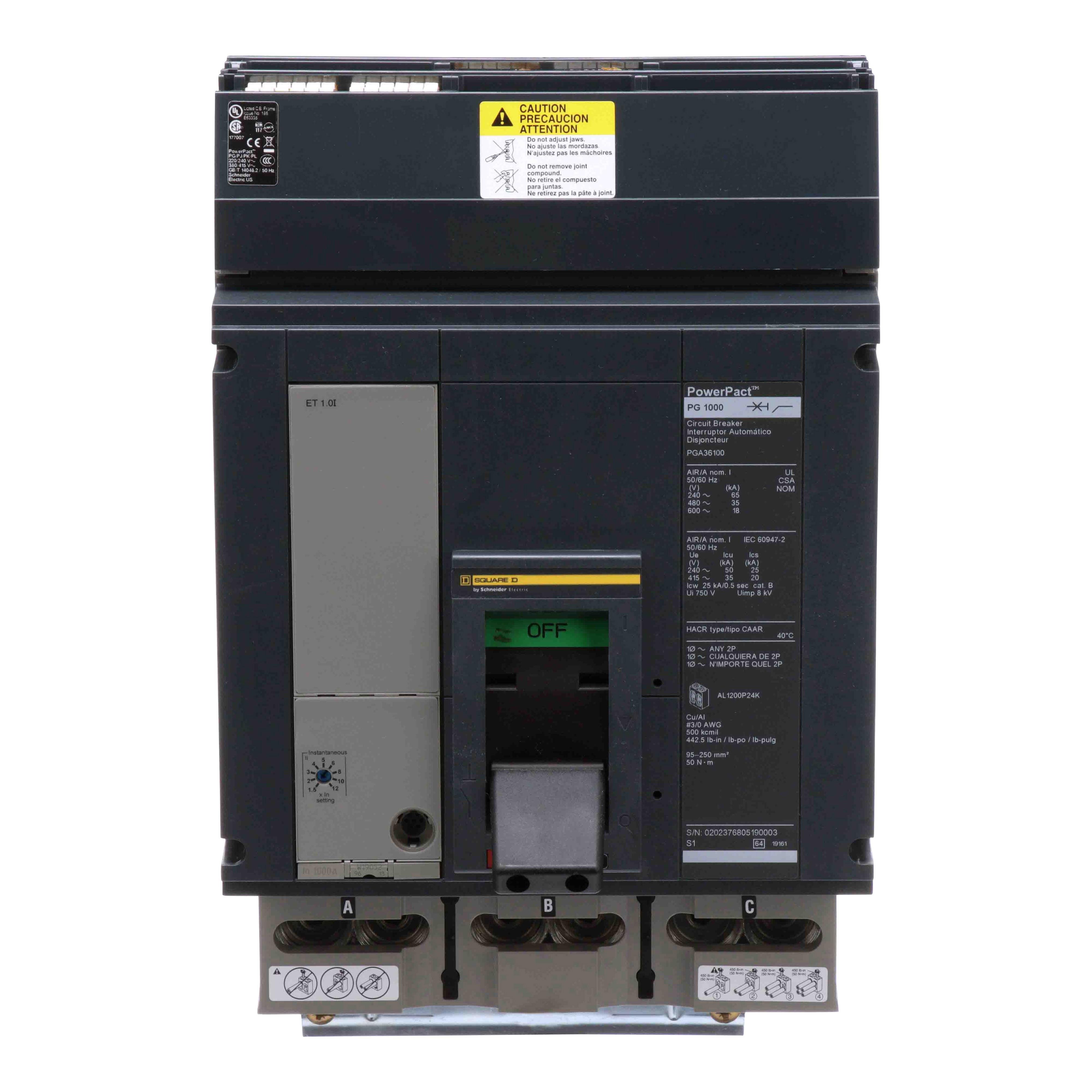 PGA36100 - Circuit breaker, PowerPacT P, 1000A, 3 pole, 600VAC, 18kA, I-Line, ET1.0l, 80%, ABC