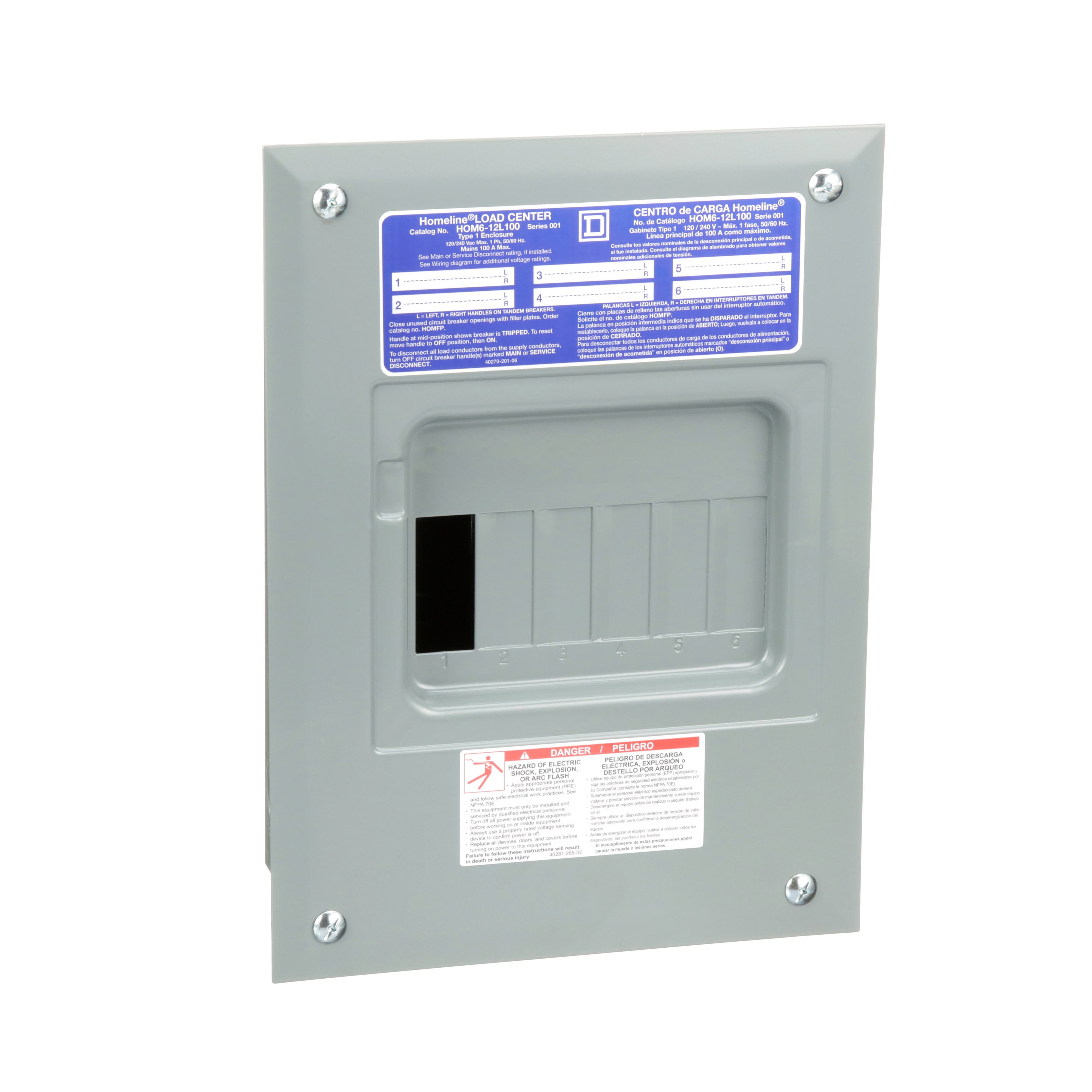 HOM612L100F - Load center, Homeline, 1 phase, 6 spaces, 12 circuits, 100A fixed main lugs, NEMA1, flush cover