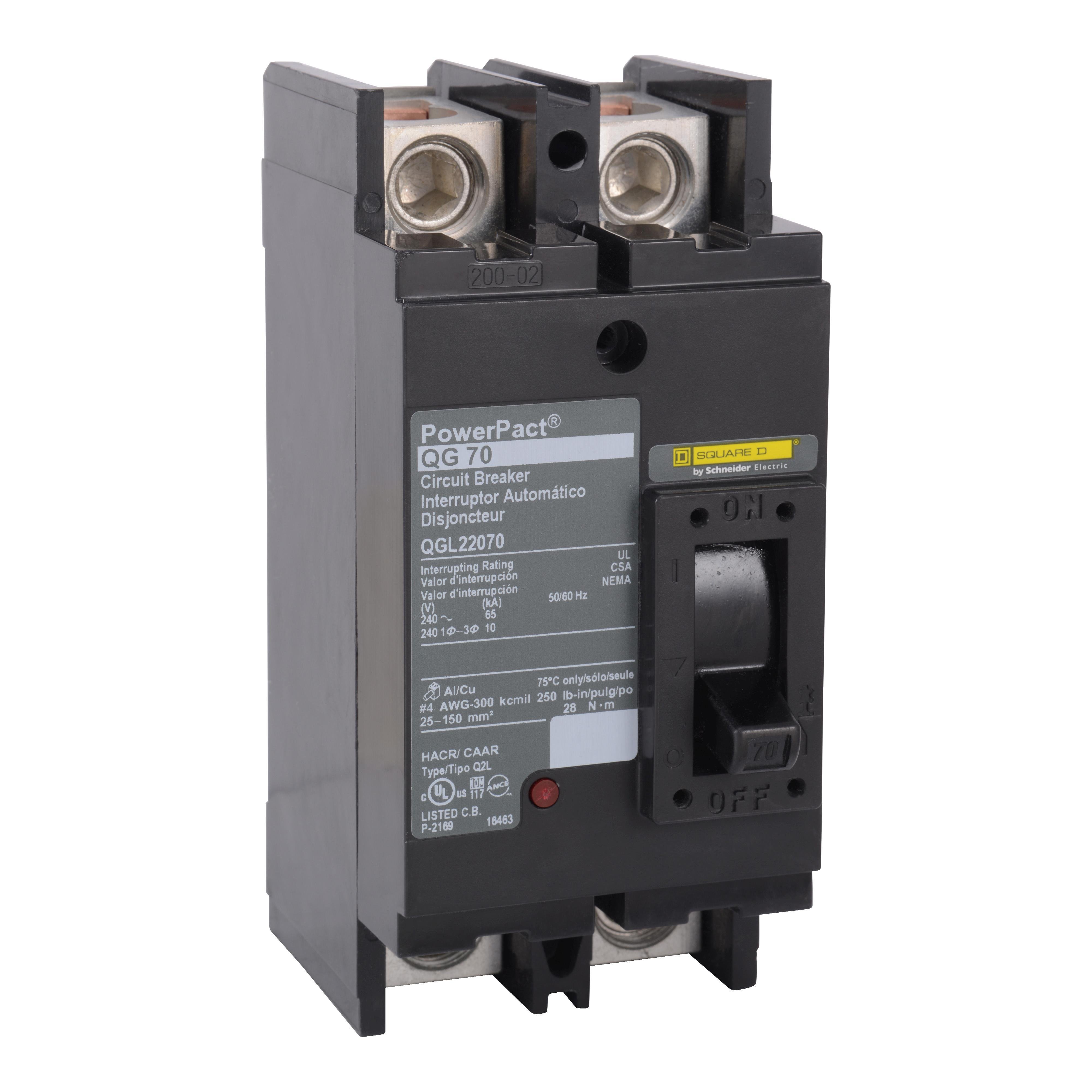 Picture of QGL22090 - Circuit breaker, PowerPacT Q, 90A, 2 pole, 240VAC, 65kA, lugs, thermal magnetic, 80%