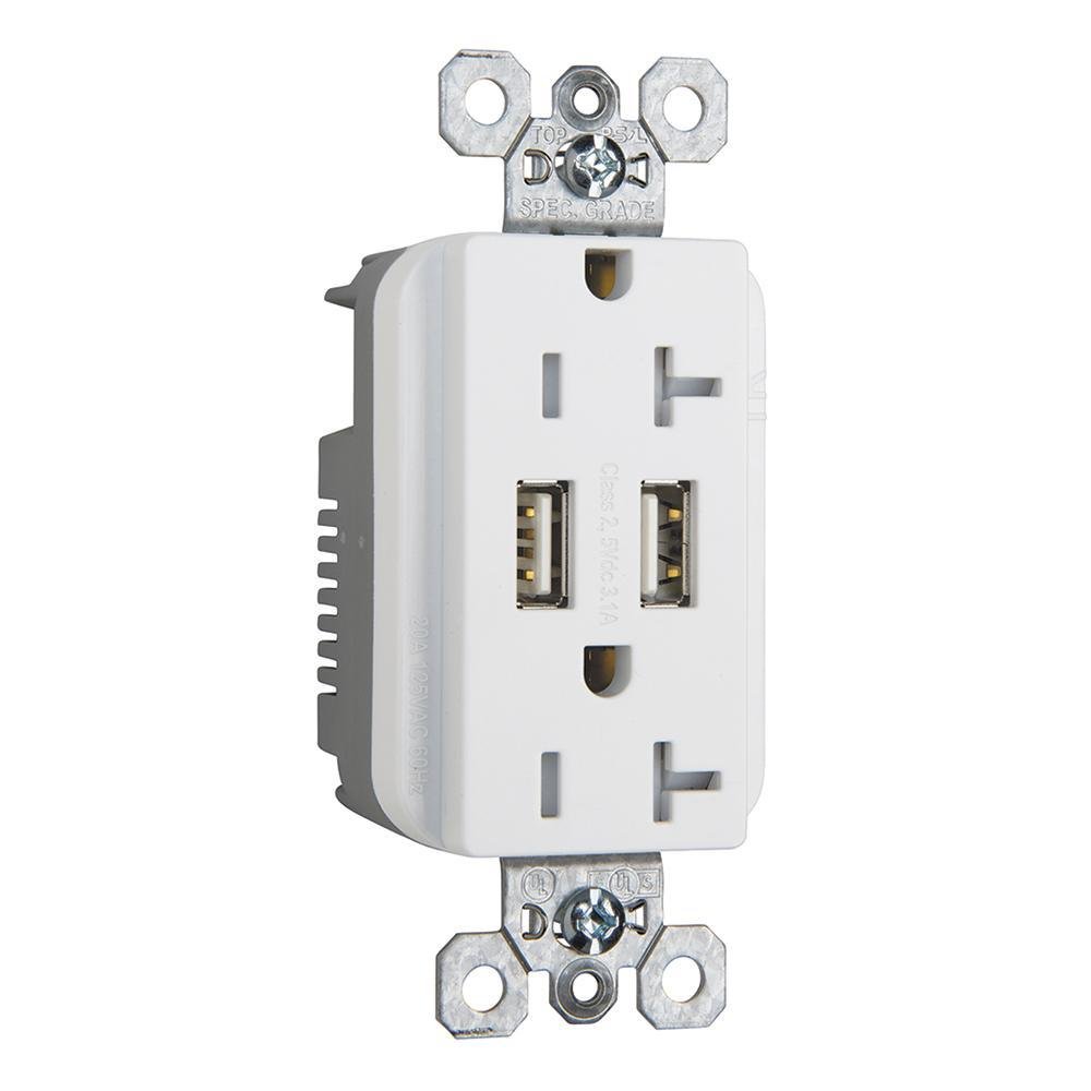 TR-5362USBW - 20A 125V Fed Spec-Grade Tamper-Resistant USB Type A/A Outlet, White