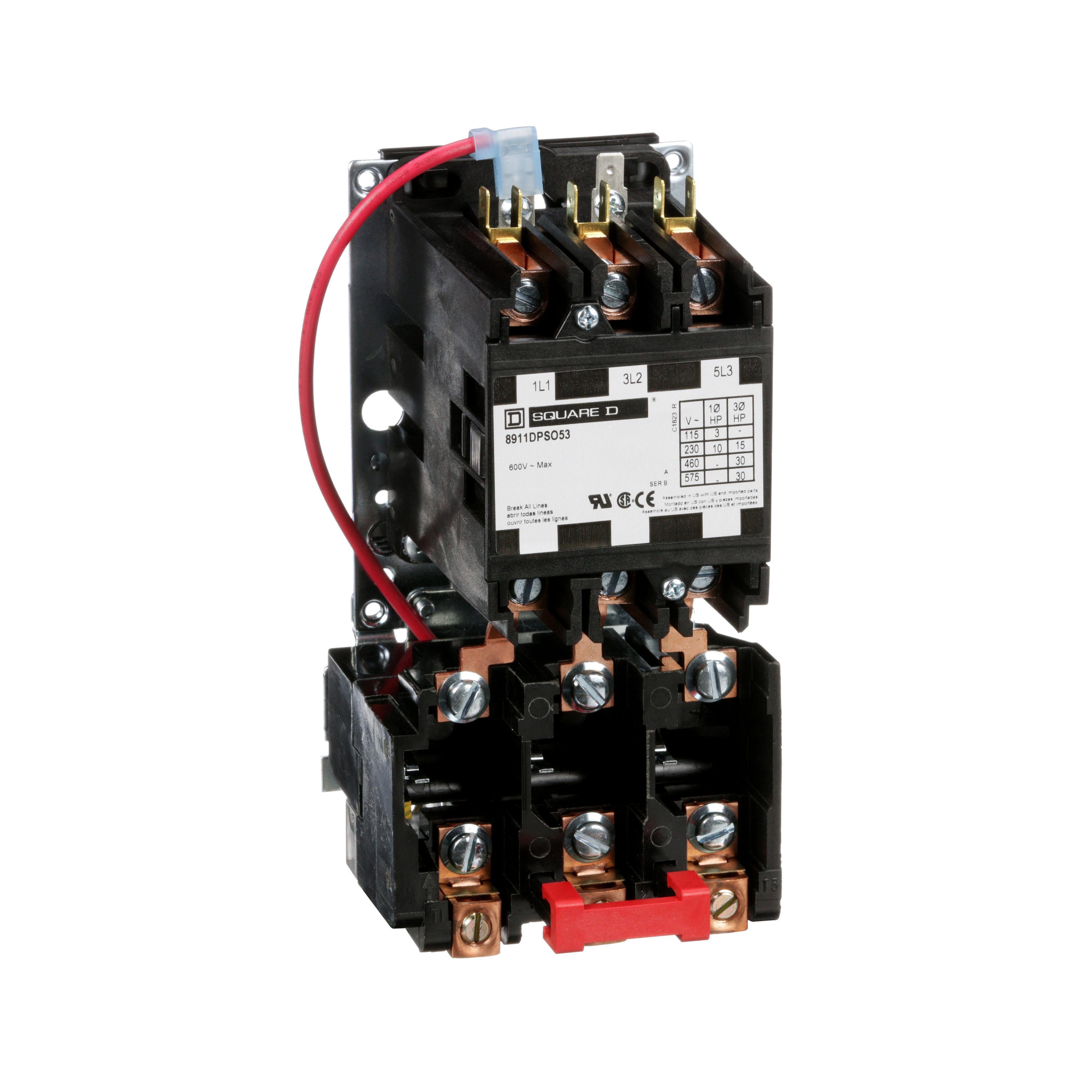 Picture of 8911DPSO53V09 - NEMA Starter, Definite Purpose, 50A, 30HP at 600VAC, 3 phase, 3 pole, melting alloy, 208V to 240VAC coil, open