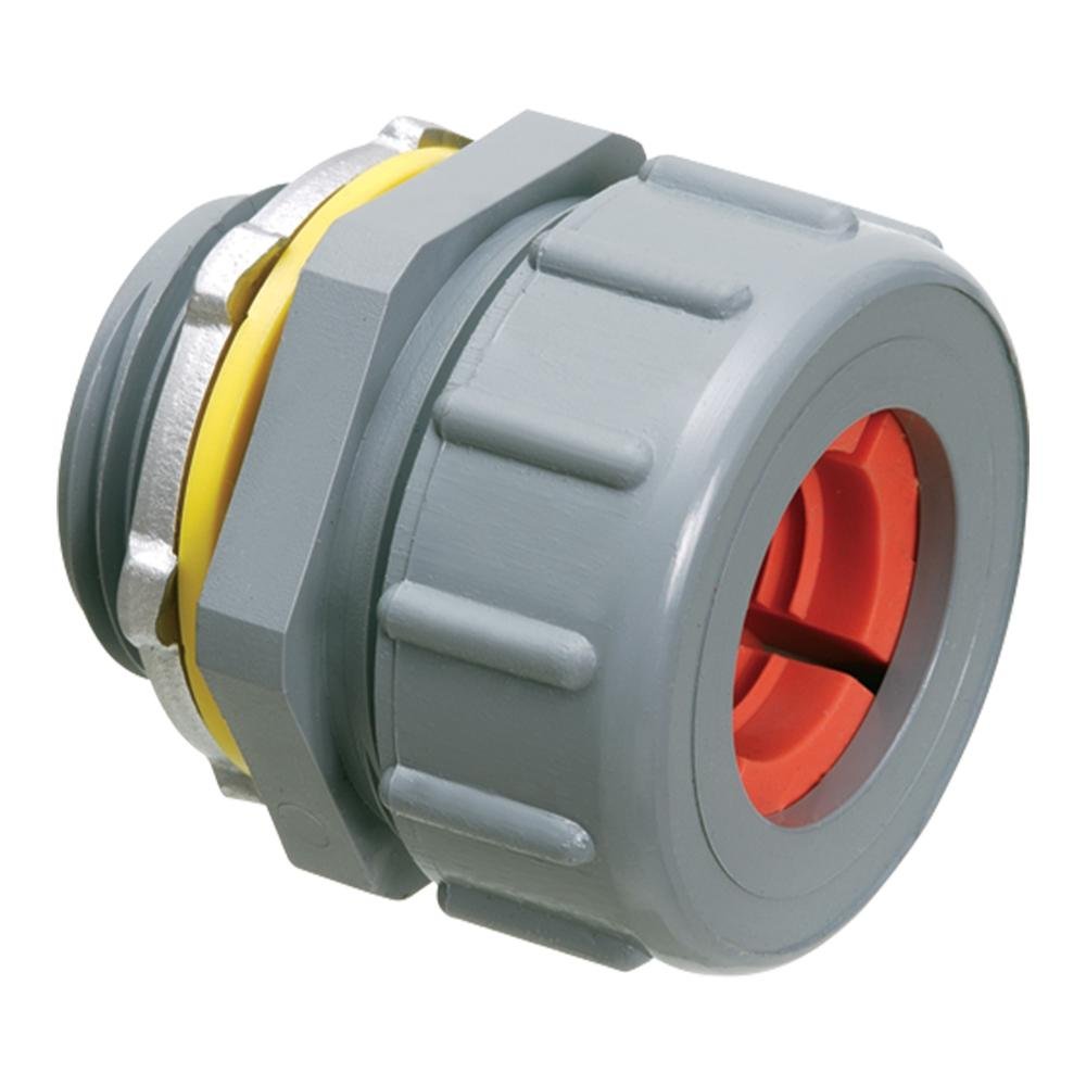 NMCG100875 - Non-metallic, liquid-tight, gray, and oil-tight colorgrip strain relief cord connector furnished with a sealing ring and locknut. Supports .750 to .875 cord range with a 1 inch trade size.